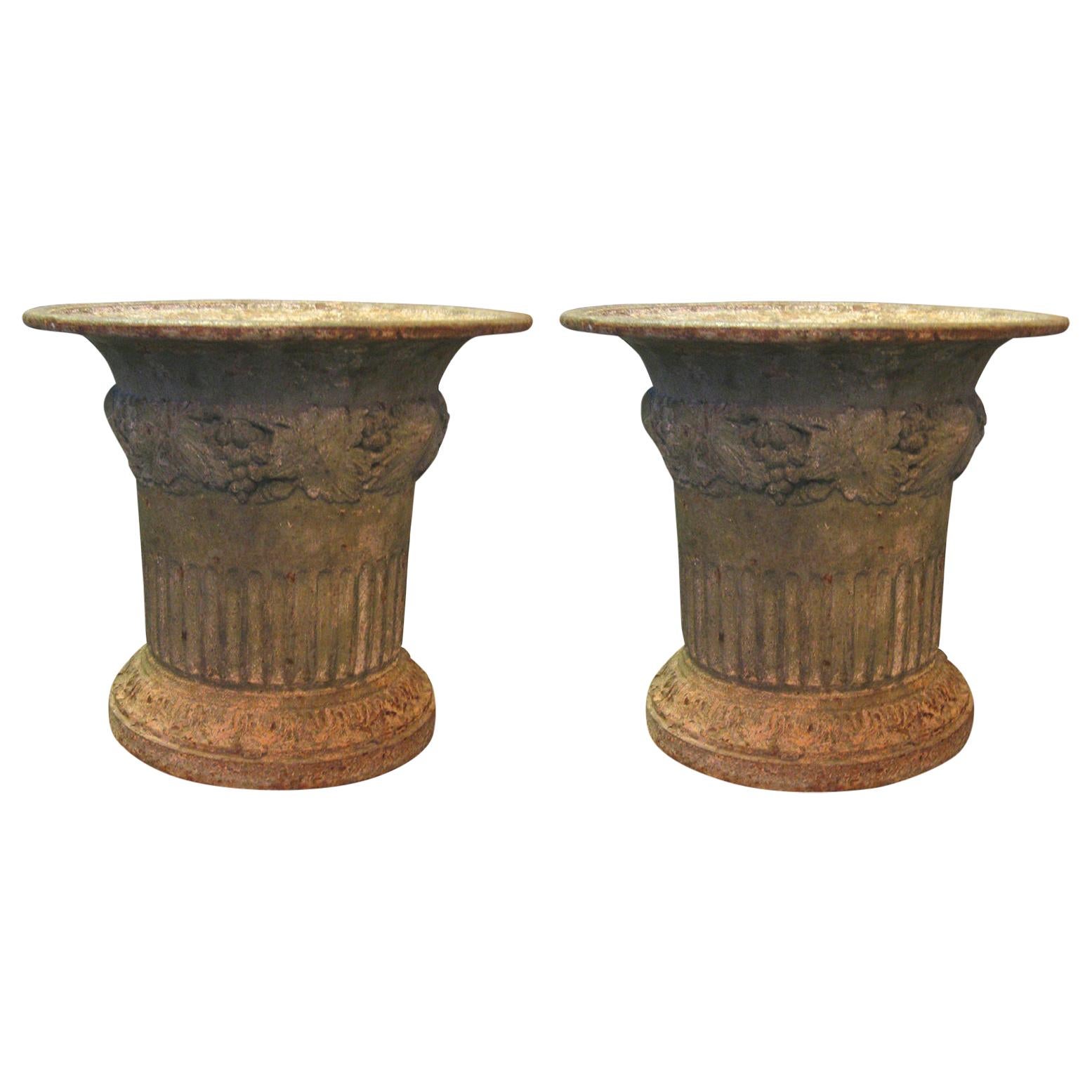 Pair of 19th Century Iron Directoire Garden Planters Fluted with Leaf Detail For Sale