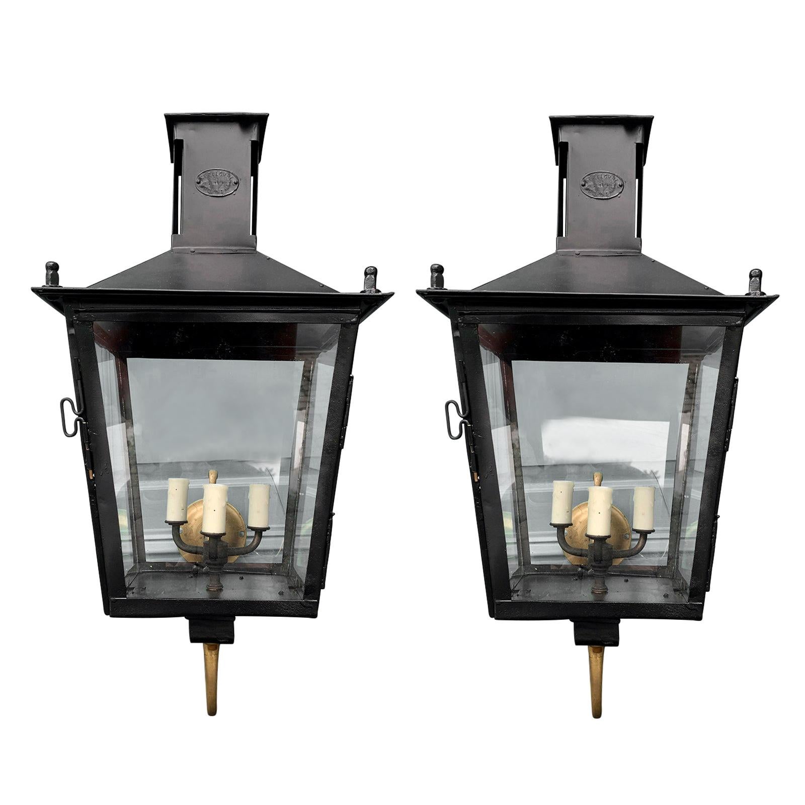 Pair of 19th Century Iron Wall-Mount Lanterns by Louis Sepulchre, Labeled For Sale