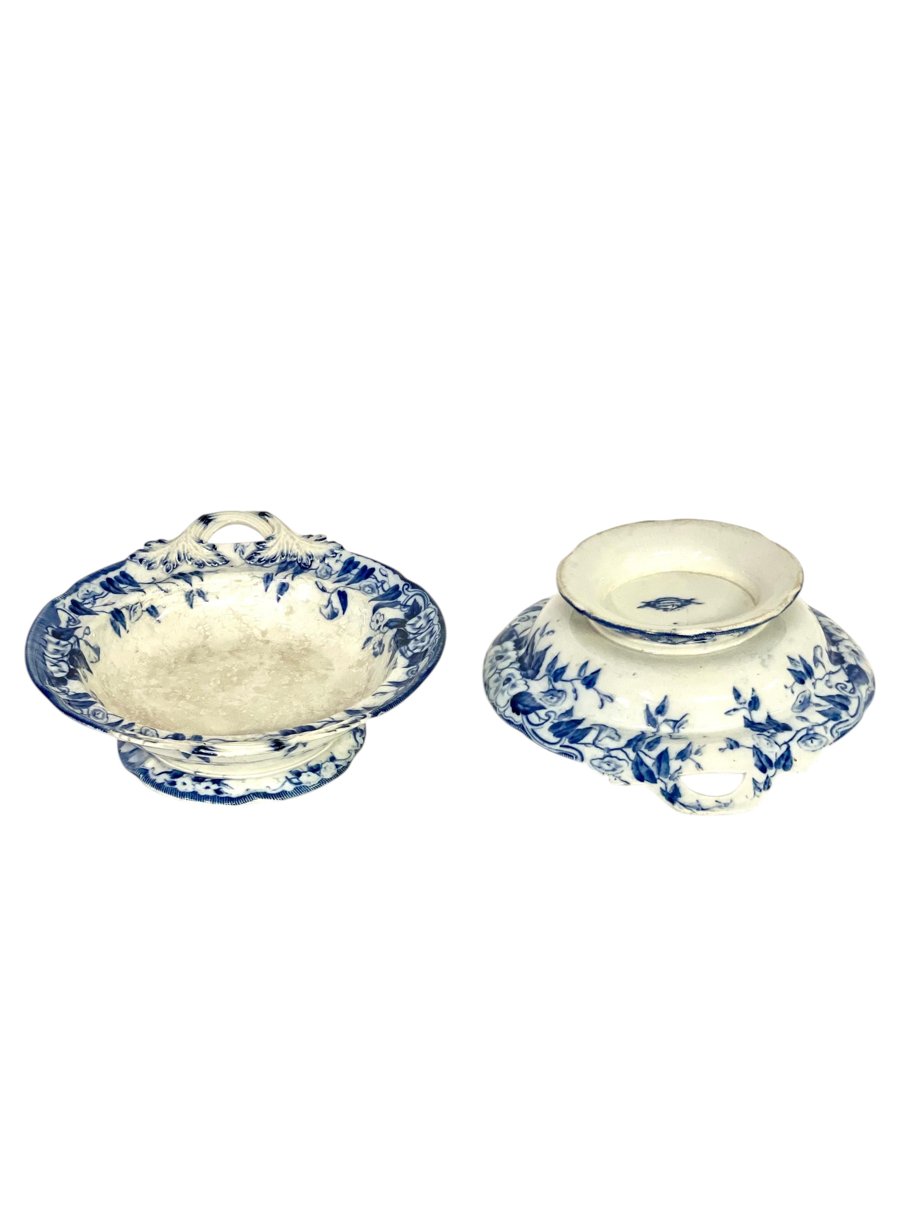 Pareja de compotiers de hierro blanco y azul del siglo XIX, de Creil et Montereau Pintado a mano en venta