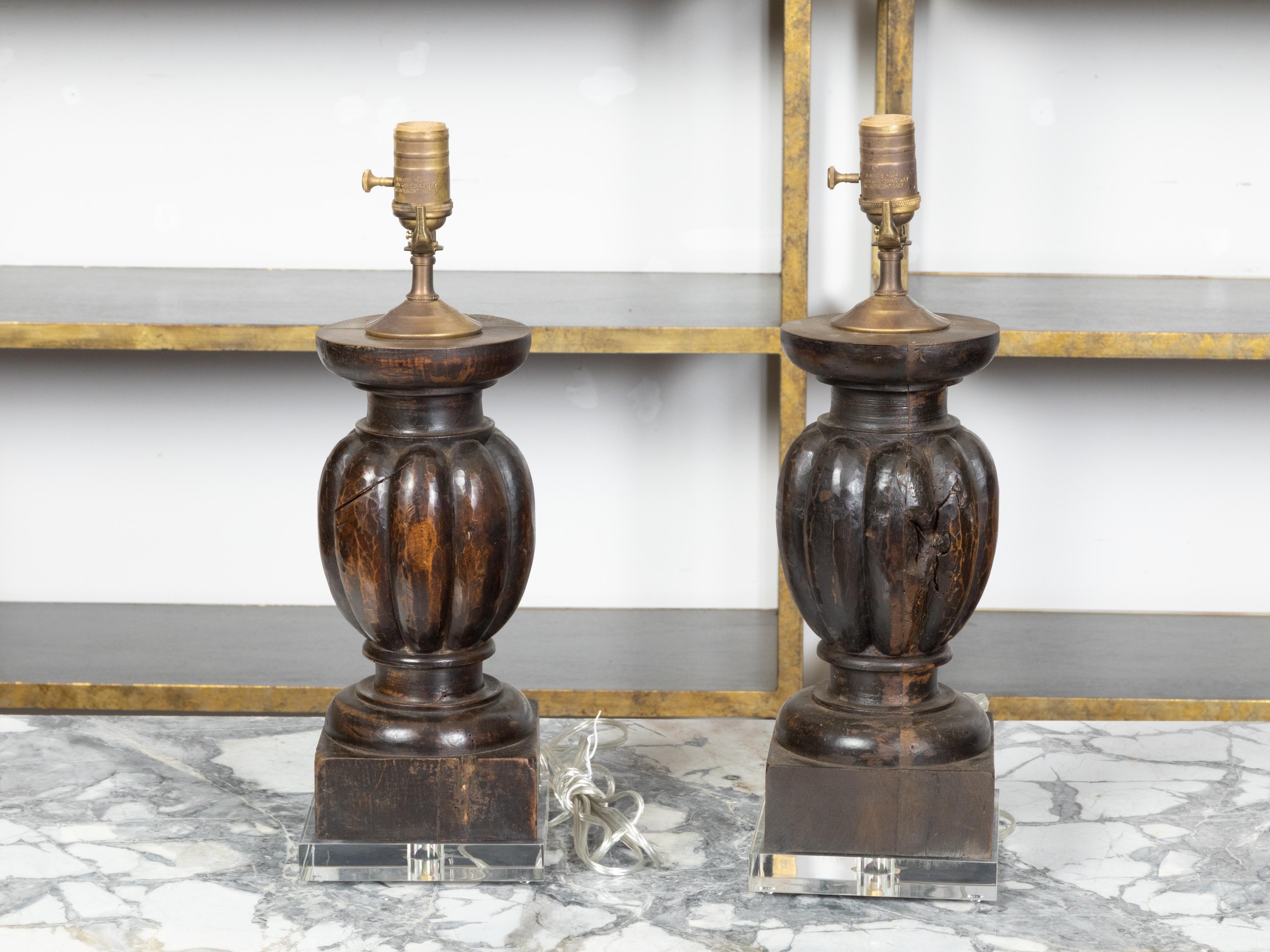 Pair of 19th Century Italian Baluster Fragments Made into Wired Lamps on Lucite In Good Condition For Sale In Atlanta, GA