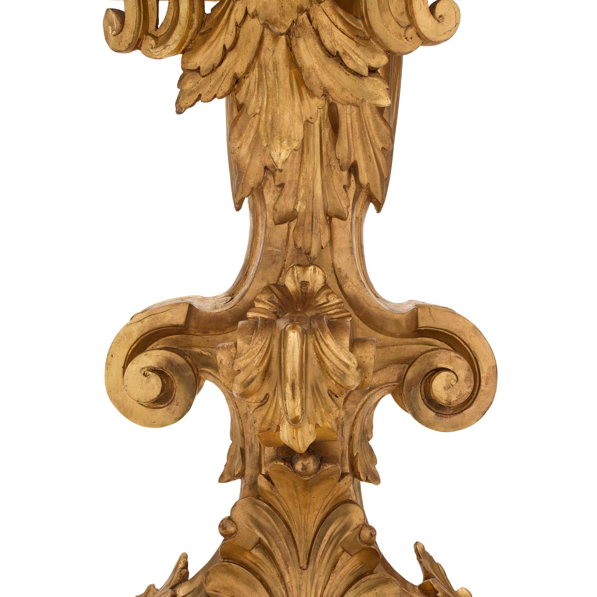 Pair of 19th Century Italian Baroque Freestanding “D’ Shaped Giltwood Consoles For Sale 3