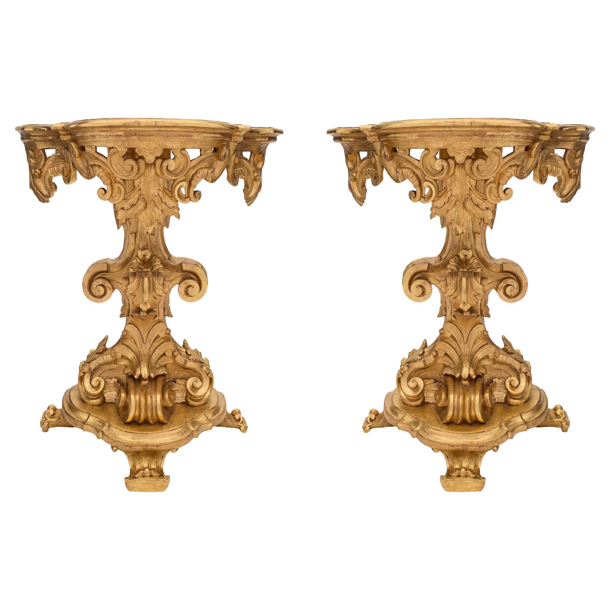 Pair of 19th Century Italian Baroque Freestanding “D’ Shaped Giltwood Consoles For Sale