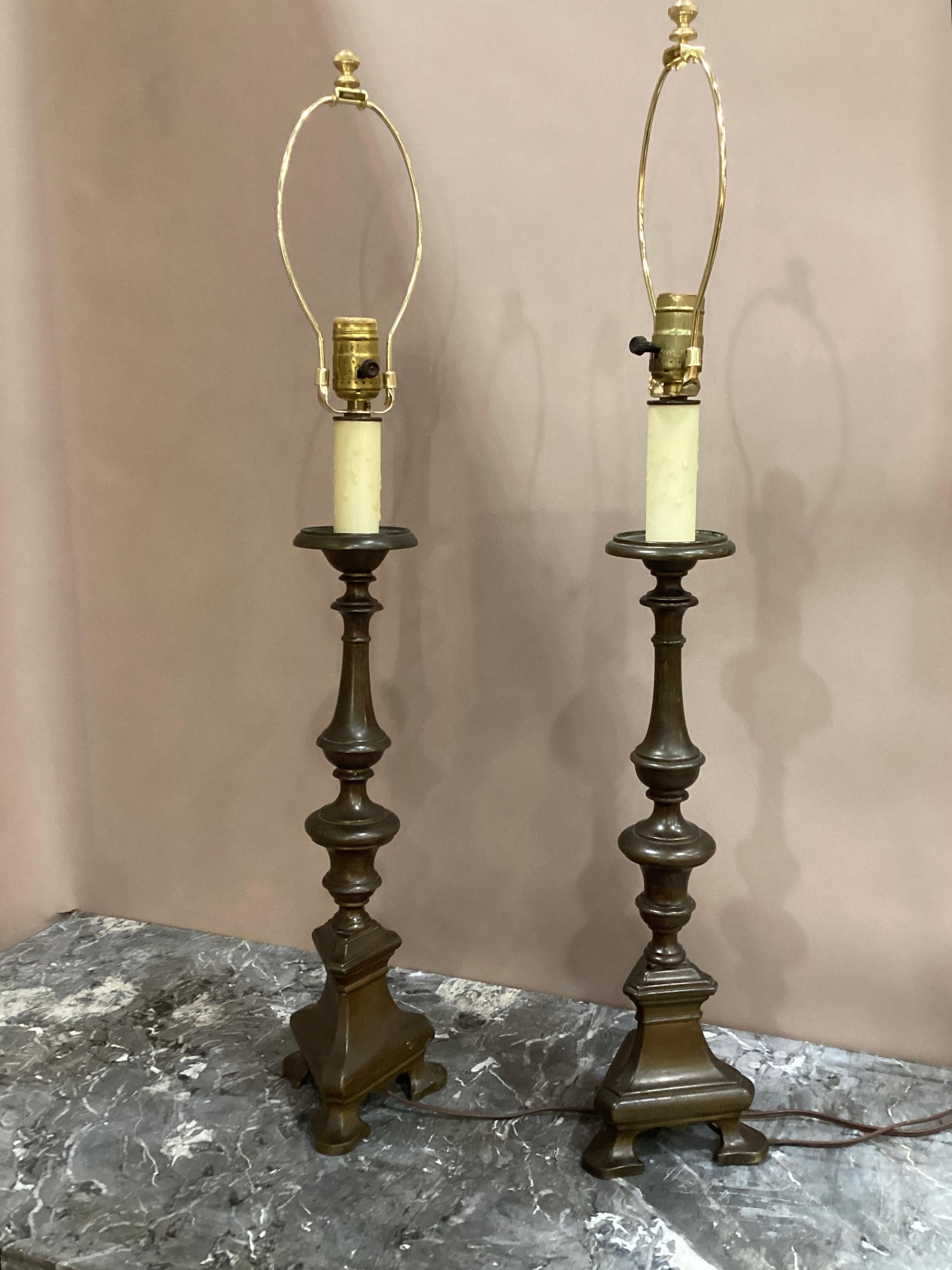 Pair of 19th Century Italian Baroque Style Bronze Candlesticks Lamps  For Sale 4