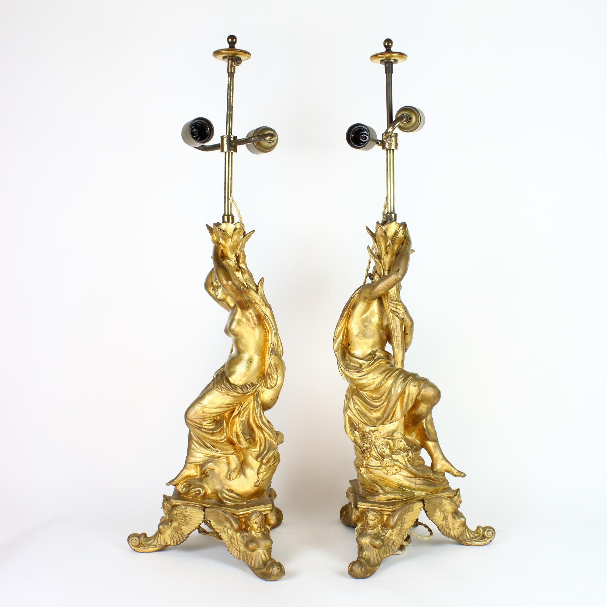 Gilt Pair of 19th Century Italian Baroque Style Mythological Figures Table Lamps For Sale