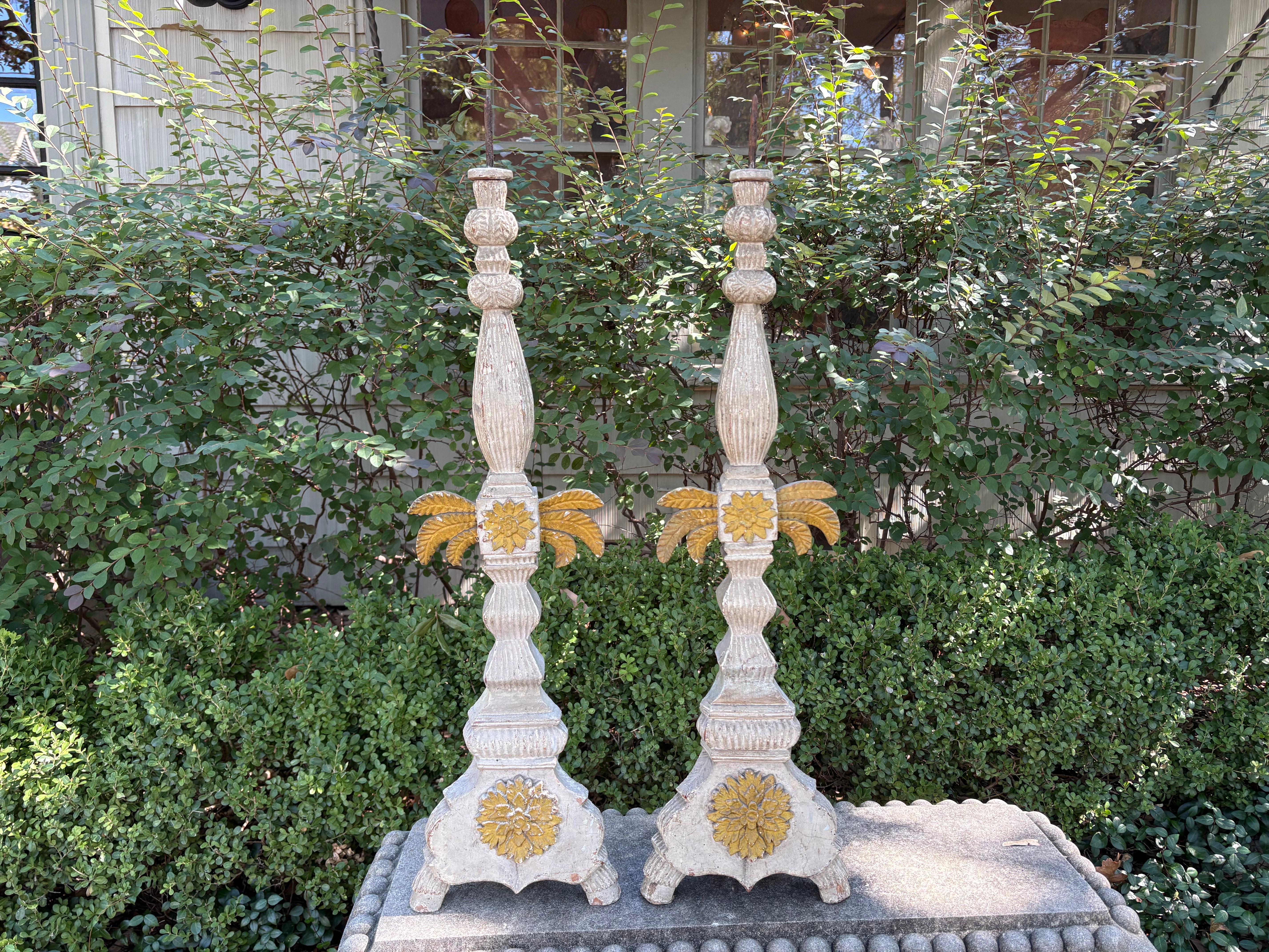 Pair Of 19th Century Italian Baroque Style Candlesticks.
Pair of 19th century Italian Baroque style painted altar sticks, candlesticks, candleholders or prickets from Lucca. These fabulous tall antique Italian altar sticks are executed in a rare