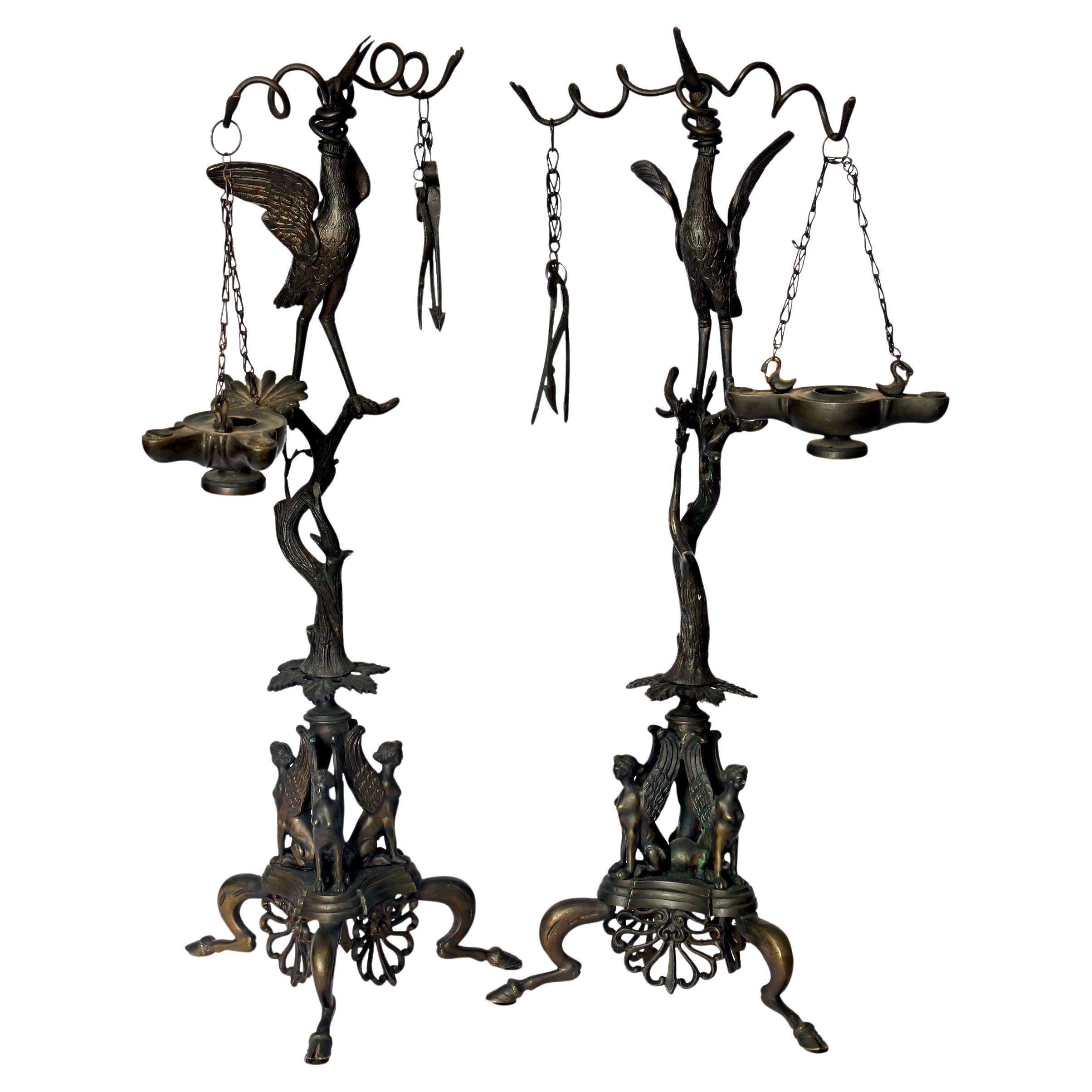 Pair of 19th Century Italian Bonze Oil Lamps, after ones found in Pompeii