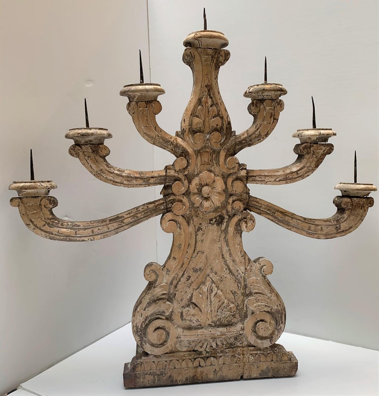 Hand-Carved Pair of 19th Century Italian Candelabras For Sale