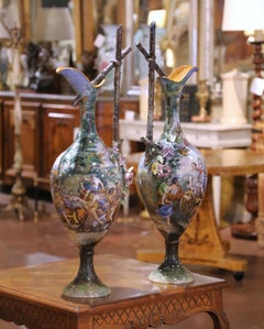 Pair of 19th Century Italian Capodimonte Majolica Ewers with Bacchic Scenes