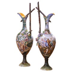 Antique Pair of 19th Century Italian Capodimonte Majolica Ewers with Bacchic Scenes
