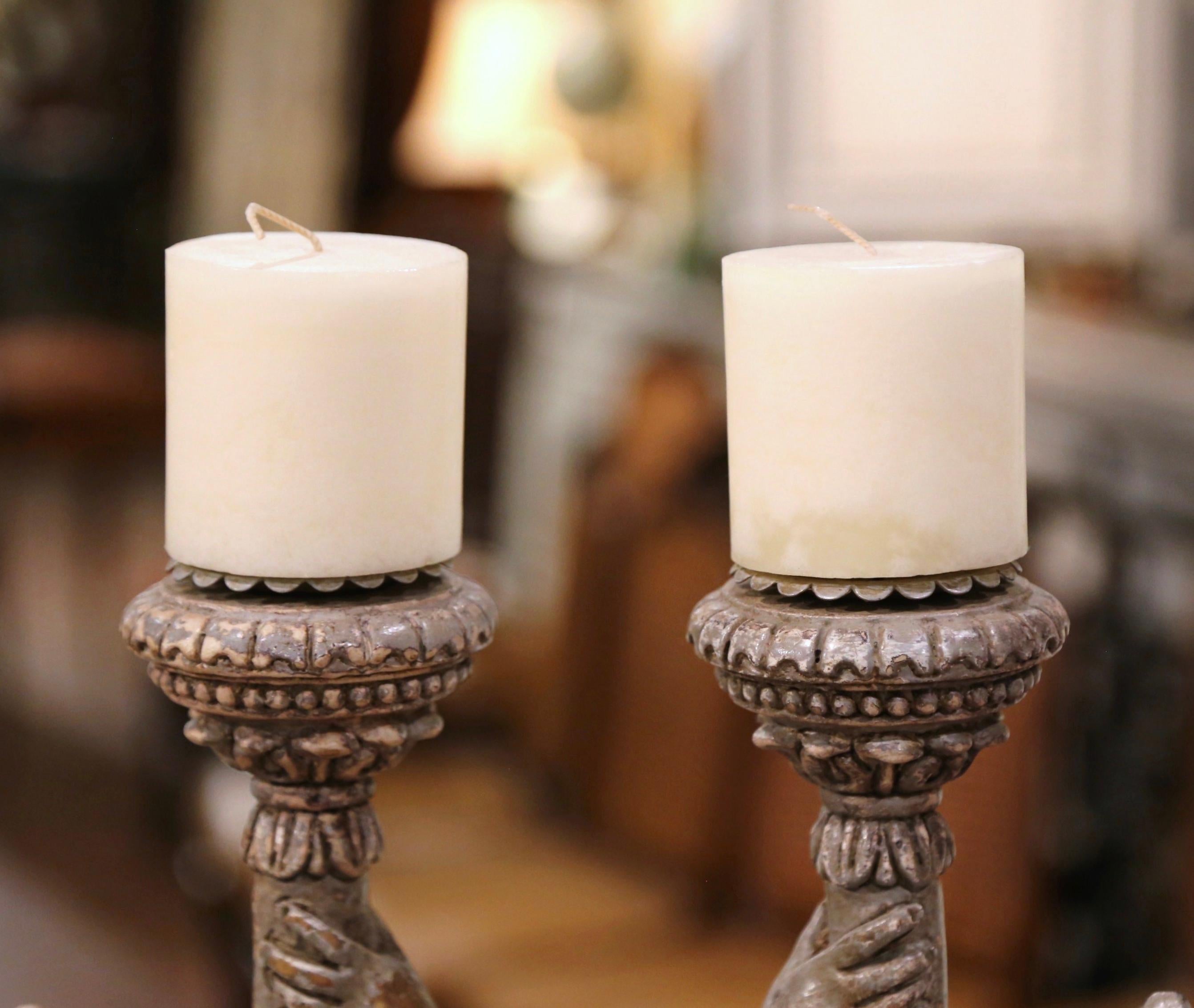 Pair of 19th Century Italian Carved and Grey Painted Figure Candlesticks For Sale 5