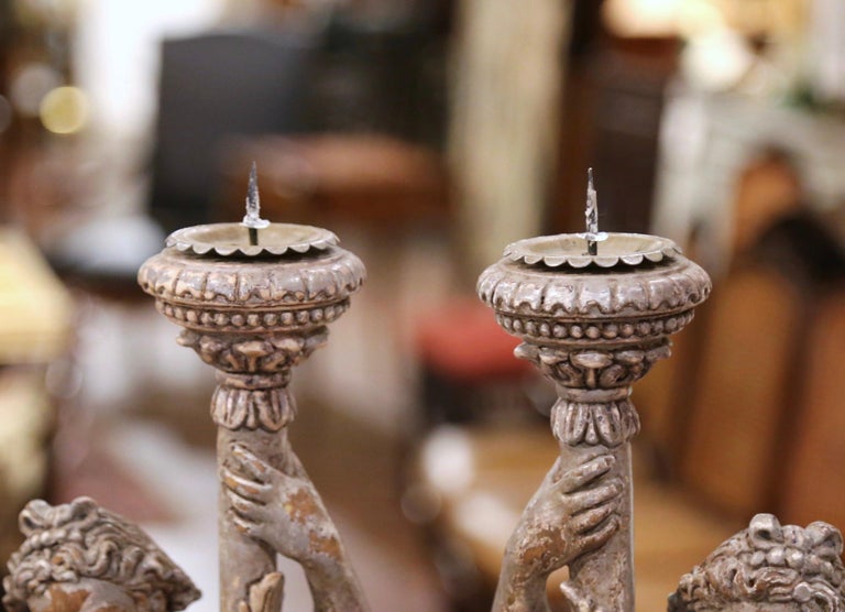 Pair of 19th Century Italian Carved and Grey Painted Figure ...
