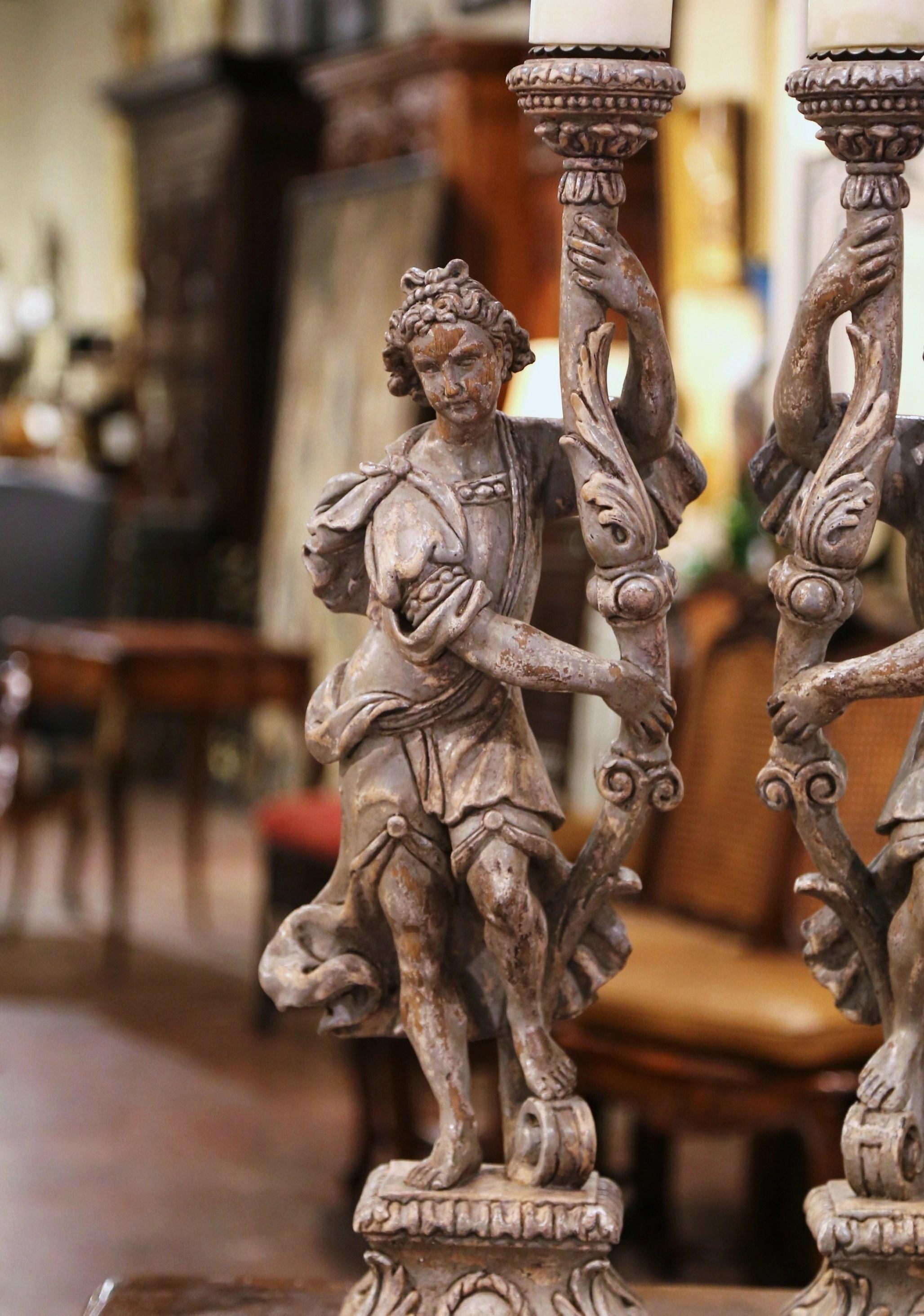 Neoclassical Pair of 19th Century Italian Carved and Grey Painted Figure Candlesticks For Sale