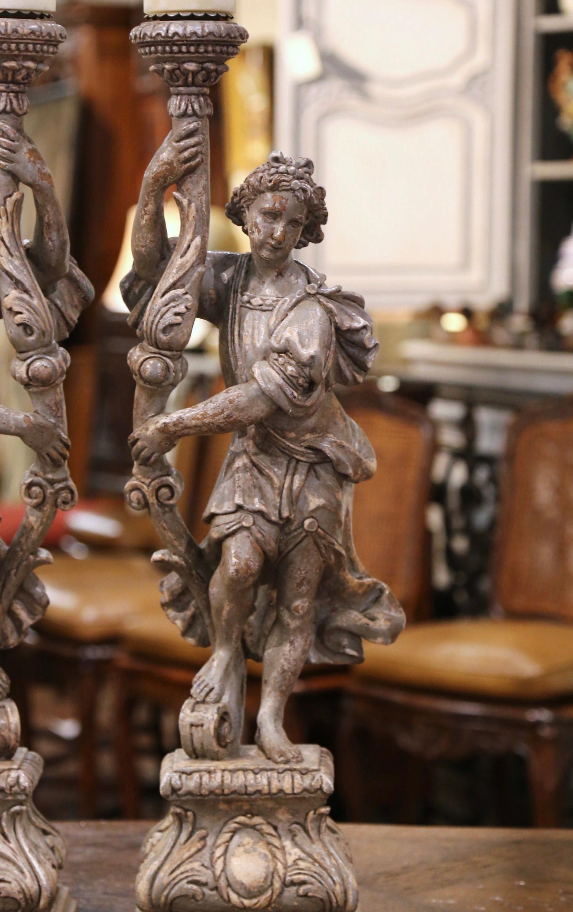 Hand-Painted Pair of 19th Century Italian Carved and Grey Painted Figure Candlesticks For Sale