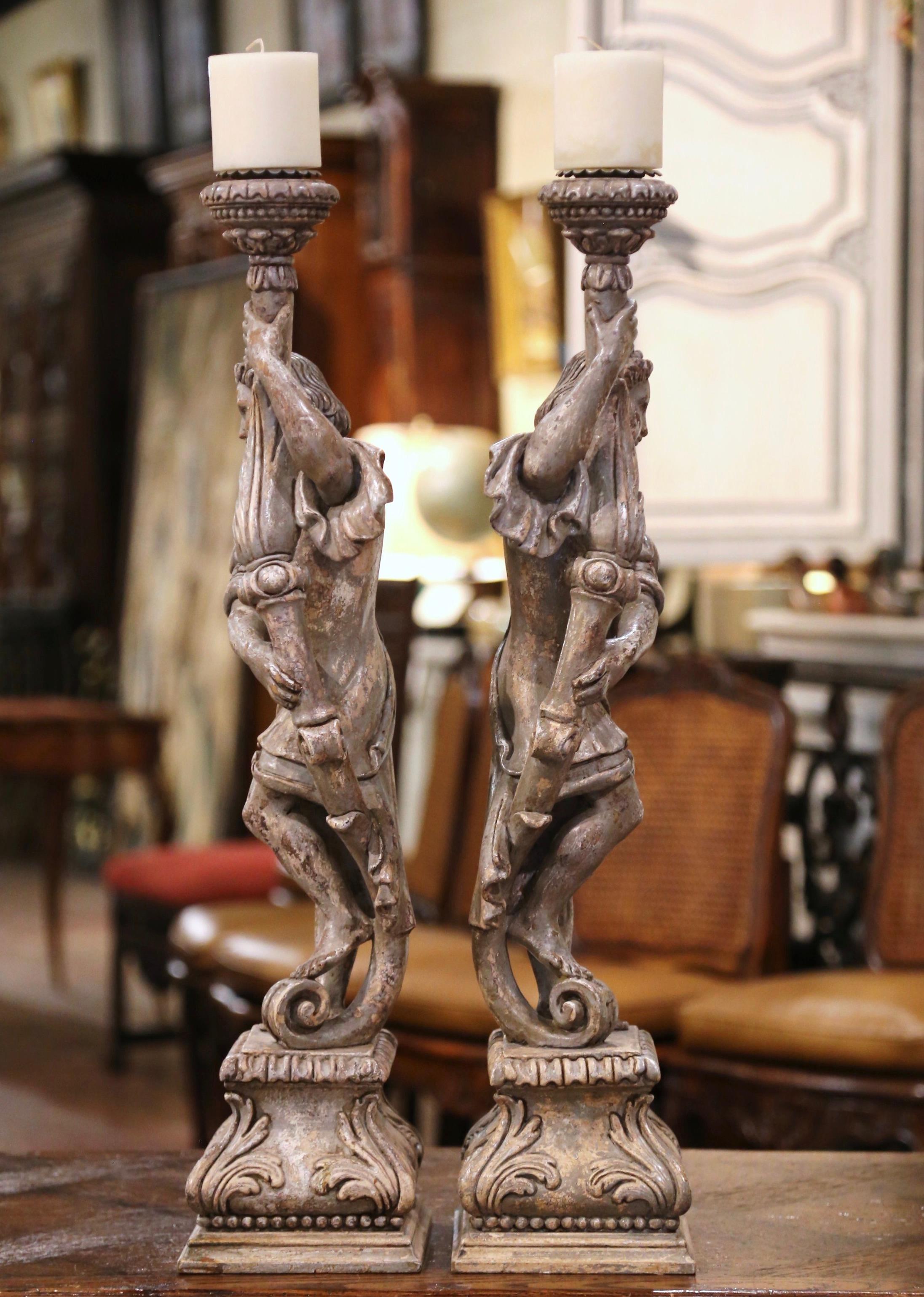 Pair of 19th Century Italian Carved and Grey Painted Figure Candlesticks For Sale 2