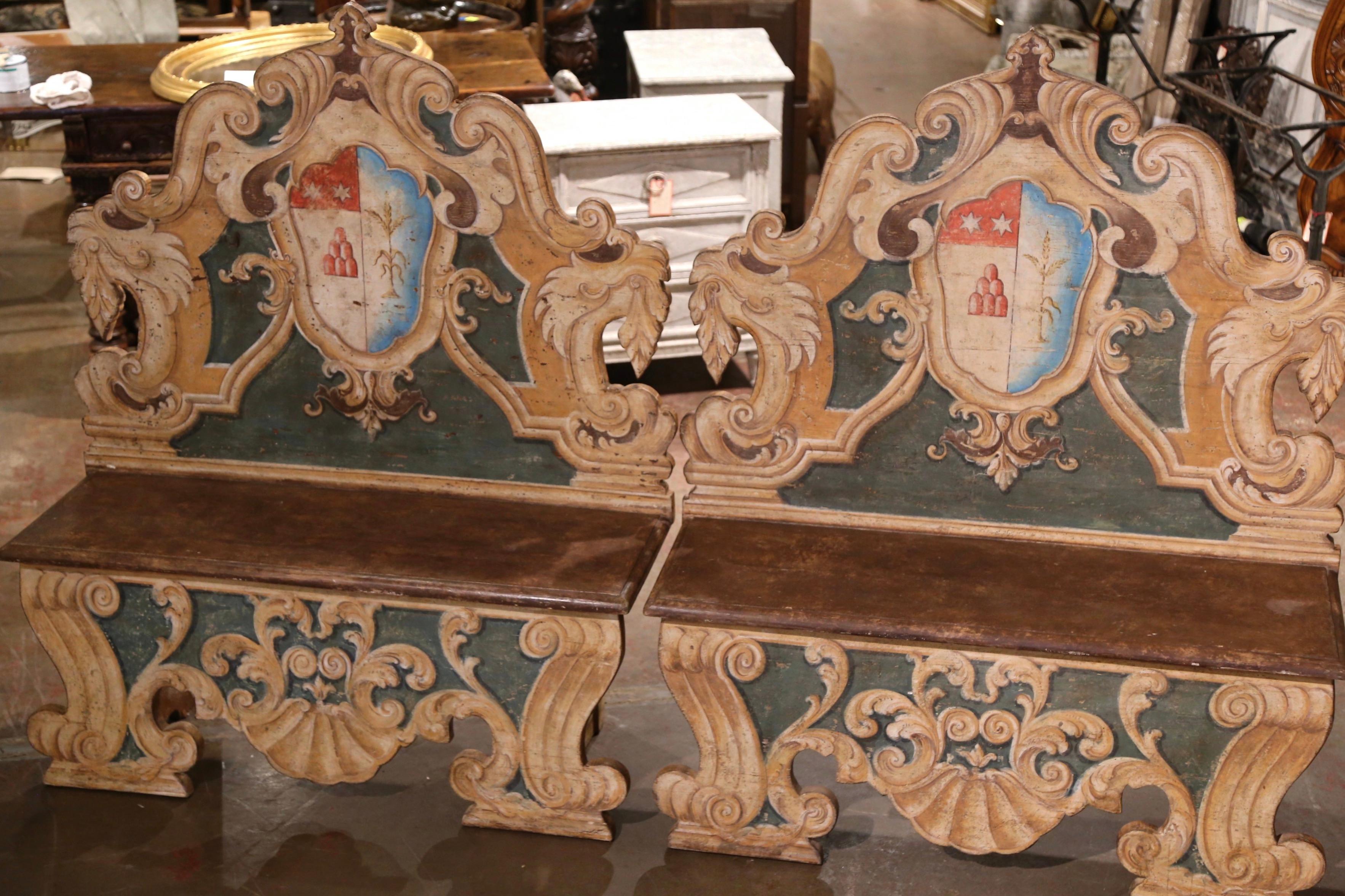 Renaissance Pair of 19th Century Italian Carved and Hand-Painted Cassapanca Benches