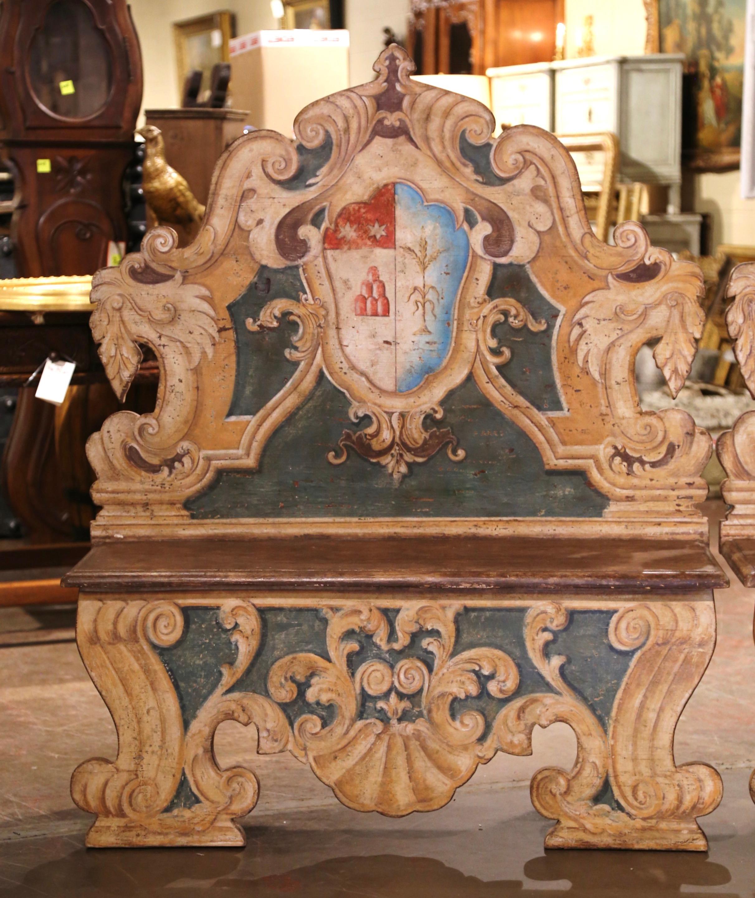 Hand-Carved Pair of 19th Century Italian Carved and Hand-Painted Cassapanca Benches