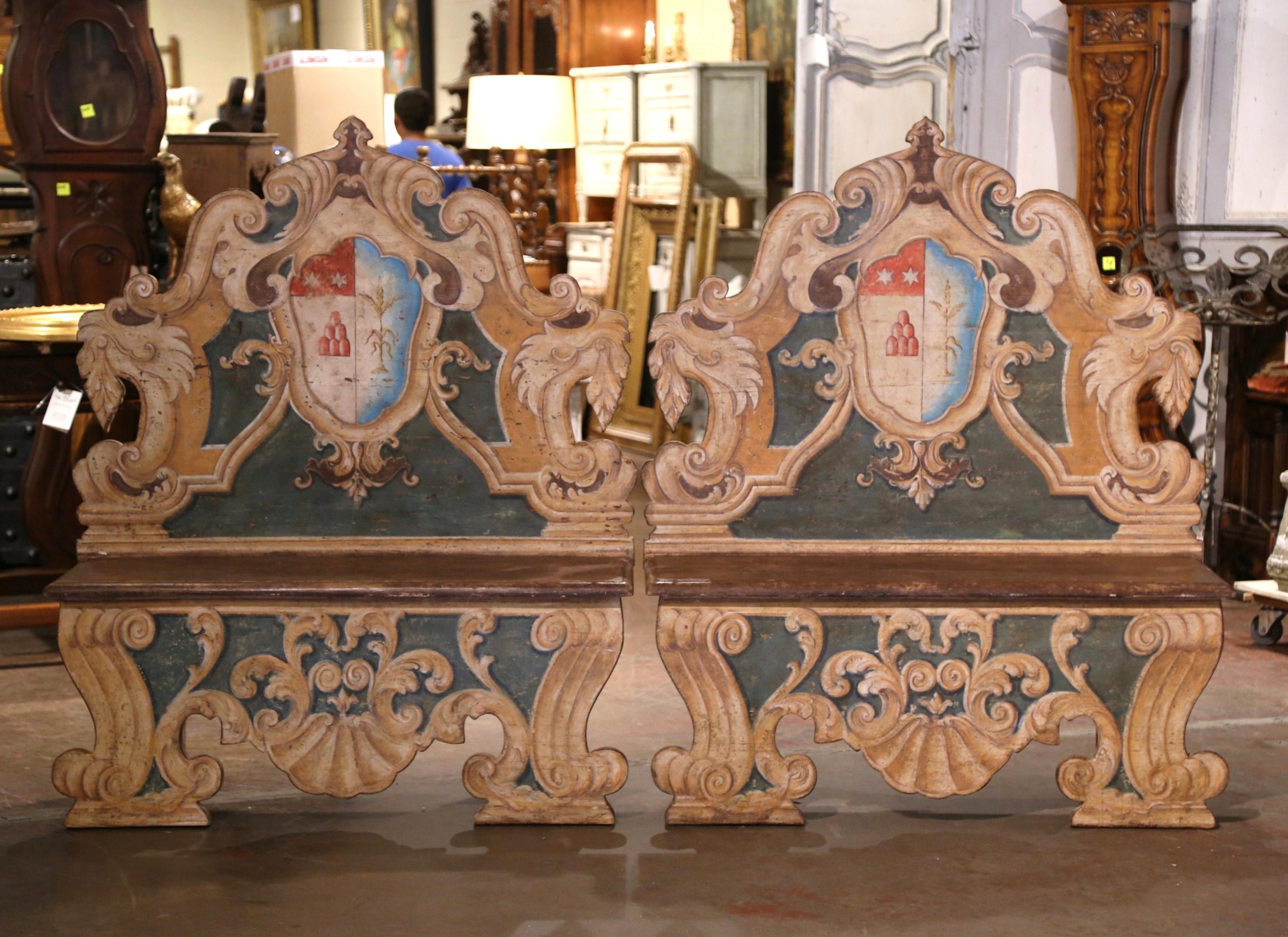 Pair of 19th Century Italian Carved and Hand-Painted Cassapanca Benches In Excellent Condition In Dallas, TX