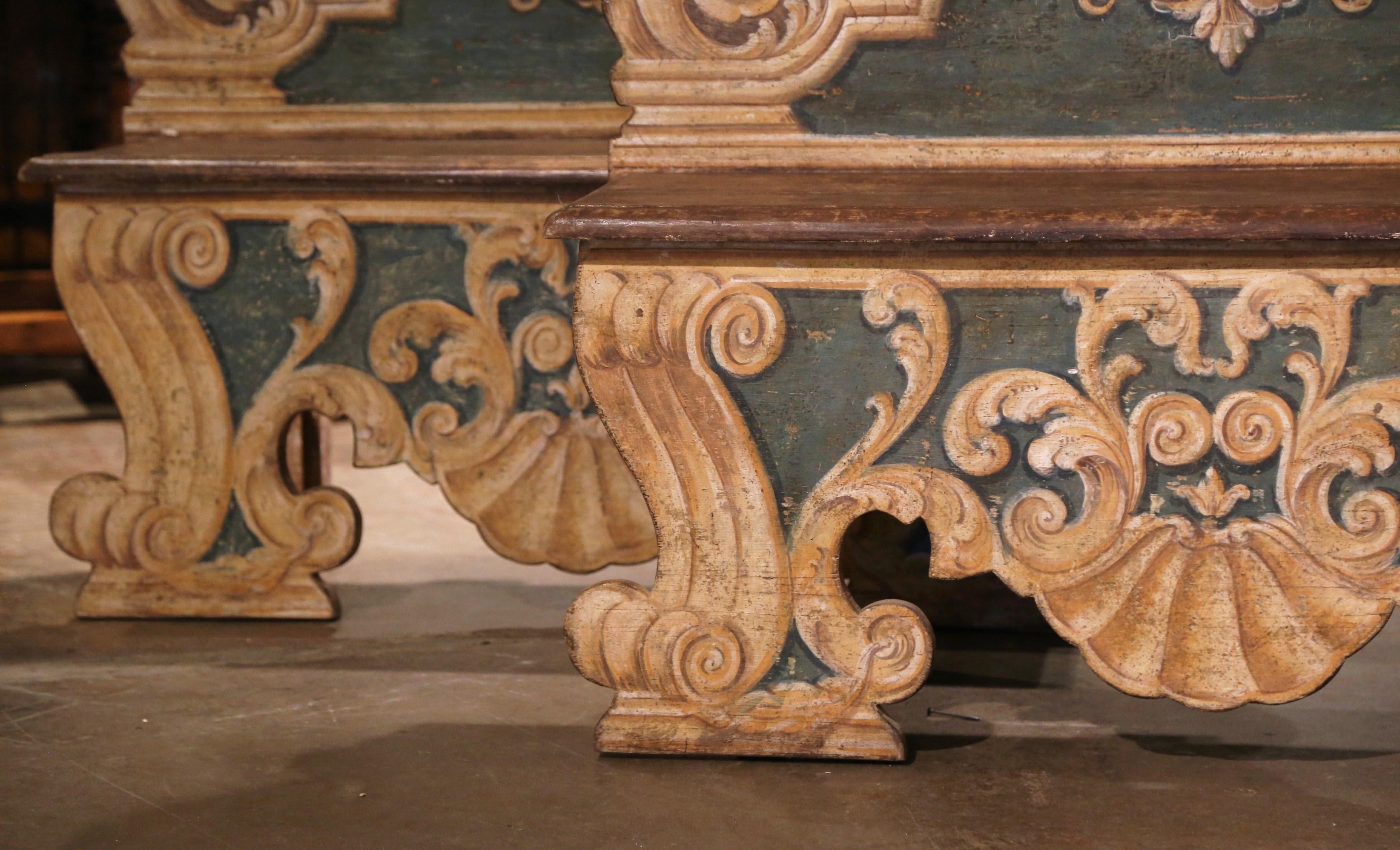 Pair of 19th Century Italian Carved and Hand-Painted Cassapanca Benches 1