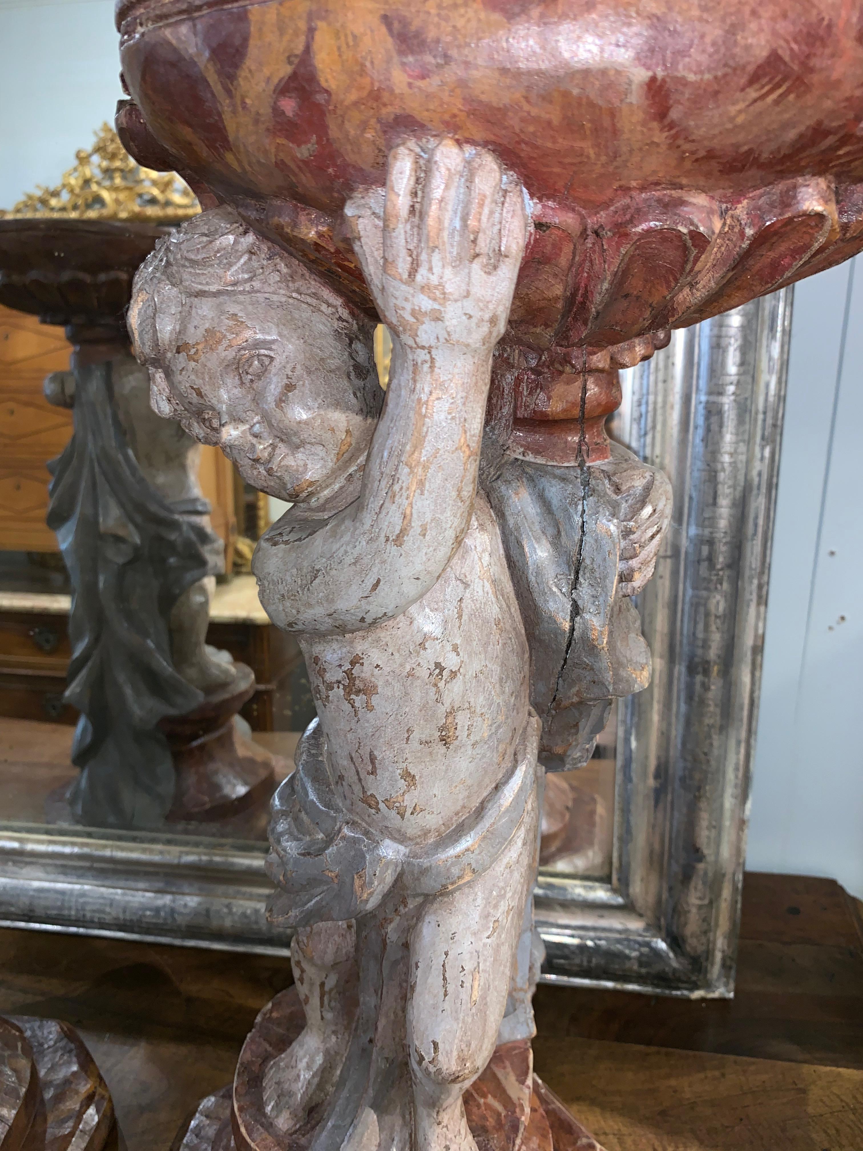 Pair of 19th Century Italian Carved and Painted Cherub Planters 1