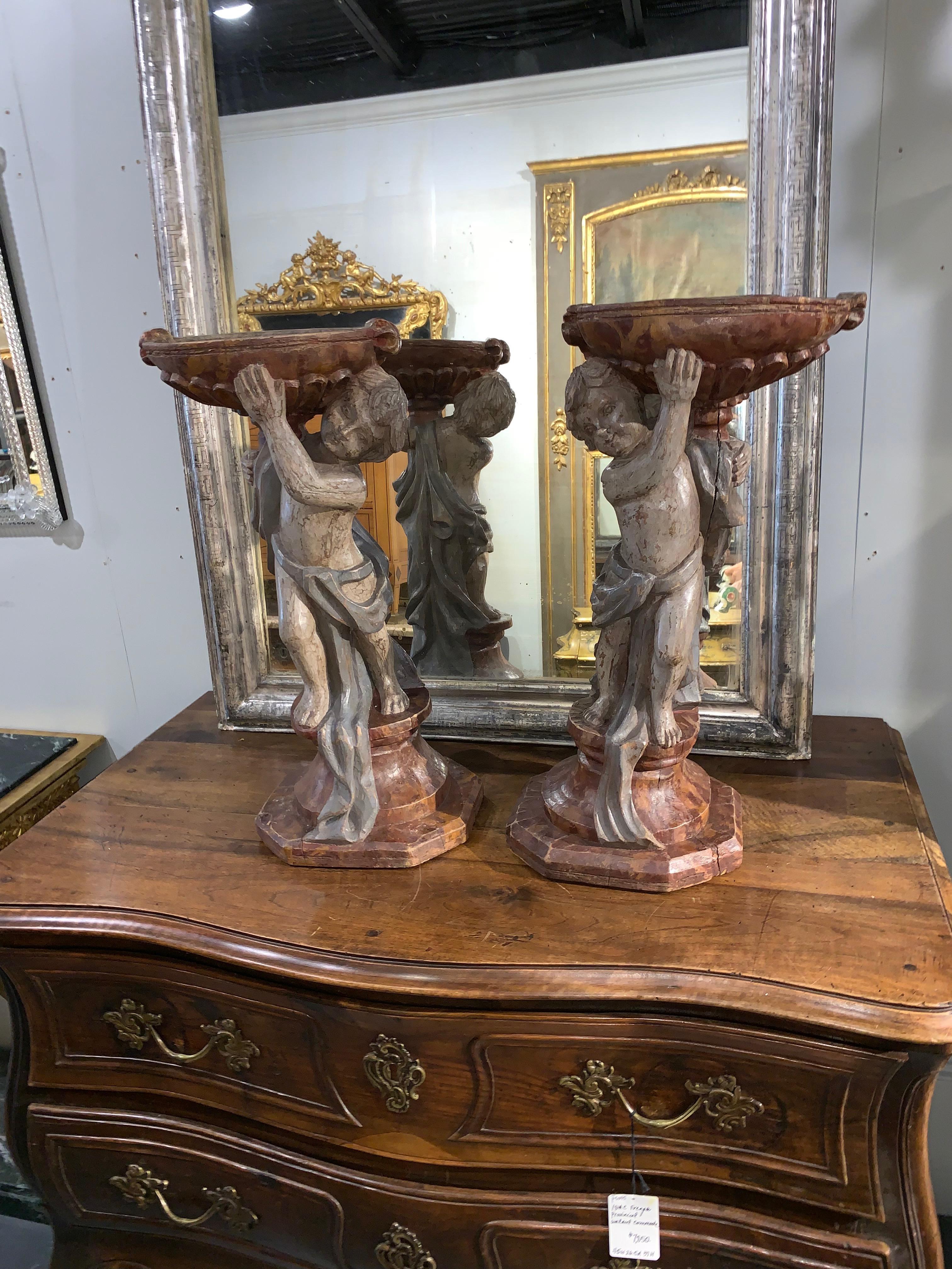 Pair of 19th Century Italian Carved and Painted Cherub Planters 2