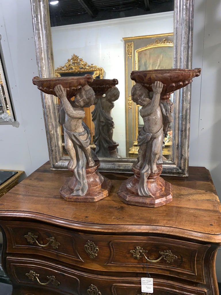 Pair of 19th Century Italian Carved and Painted Cherub Planters at 1stDibs