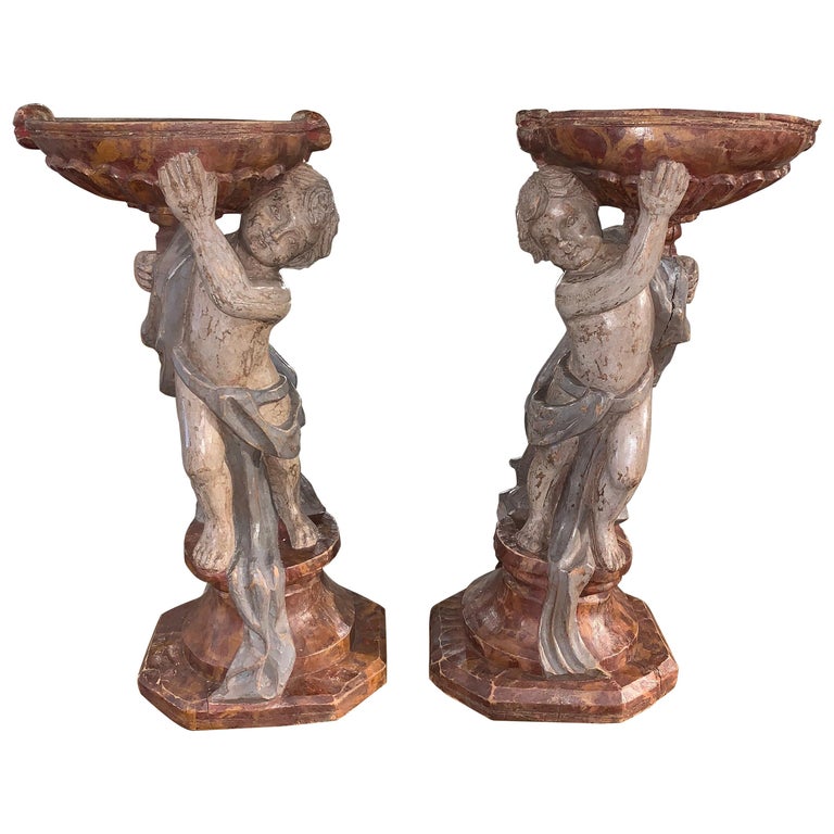 Pair of 19th Century Italian Carved and Painted Cherub Planters at 1stDibs