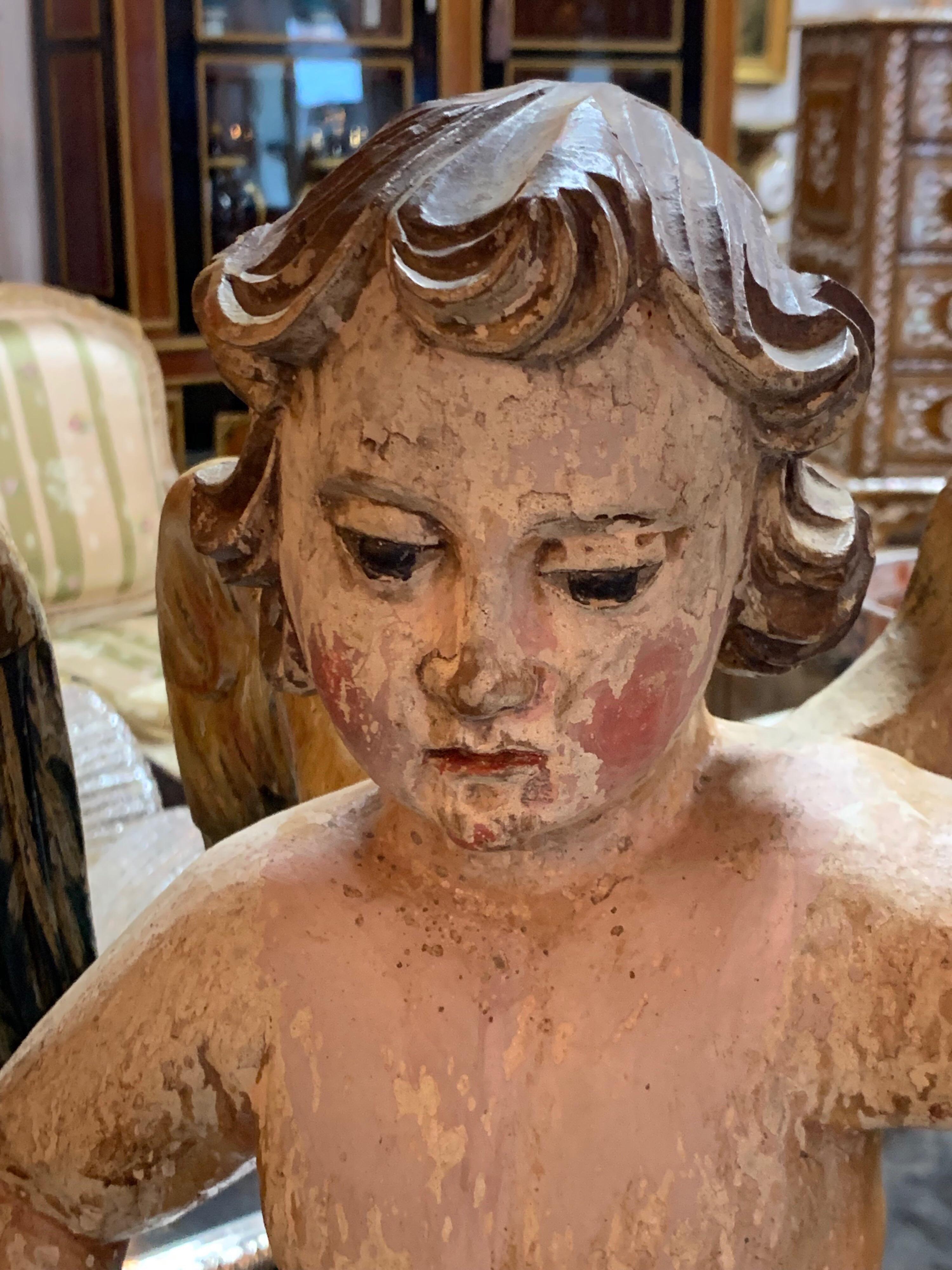 Pair of 19th Century Italian Carved and Painted Cherubs In Good Condition In Dallas, TX