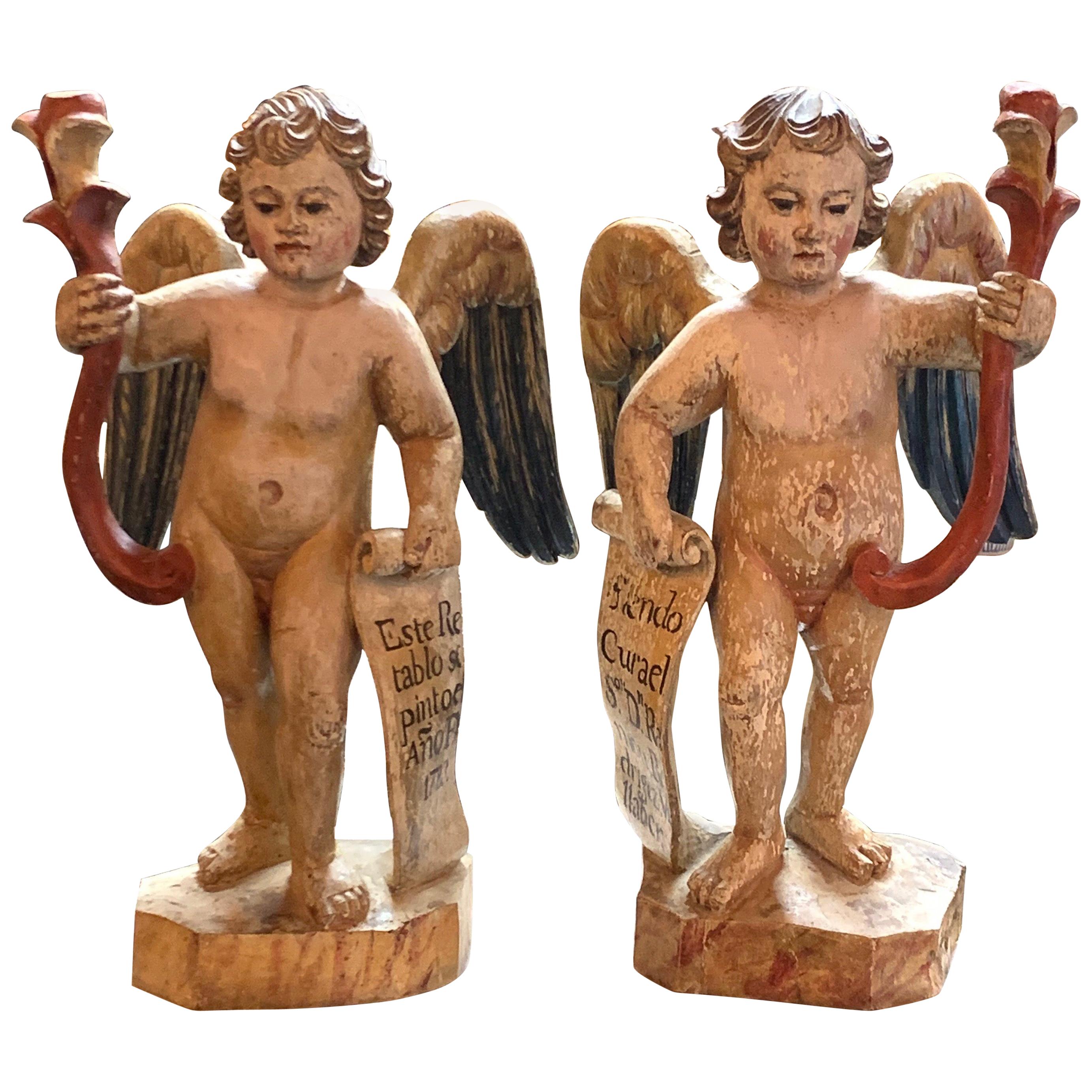 Pair of 19th Century Italian Carved and Painted Cherubs