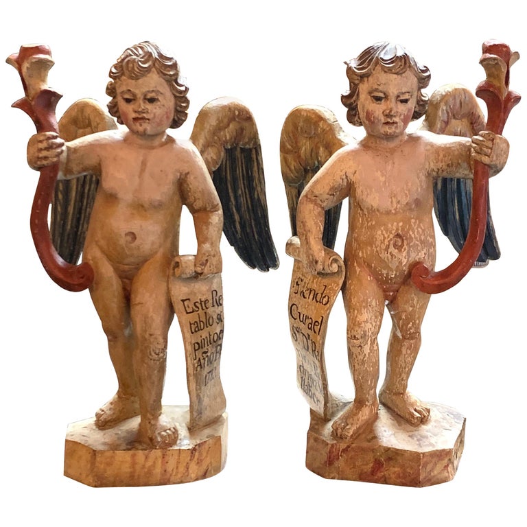 Pair of 19th Century Italian Carved and Painted Cherubs at 1stDibs