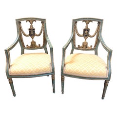 Pair of 19th Century Italian Carved and Painted Neo-Classical Armchairs