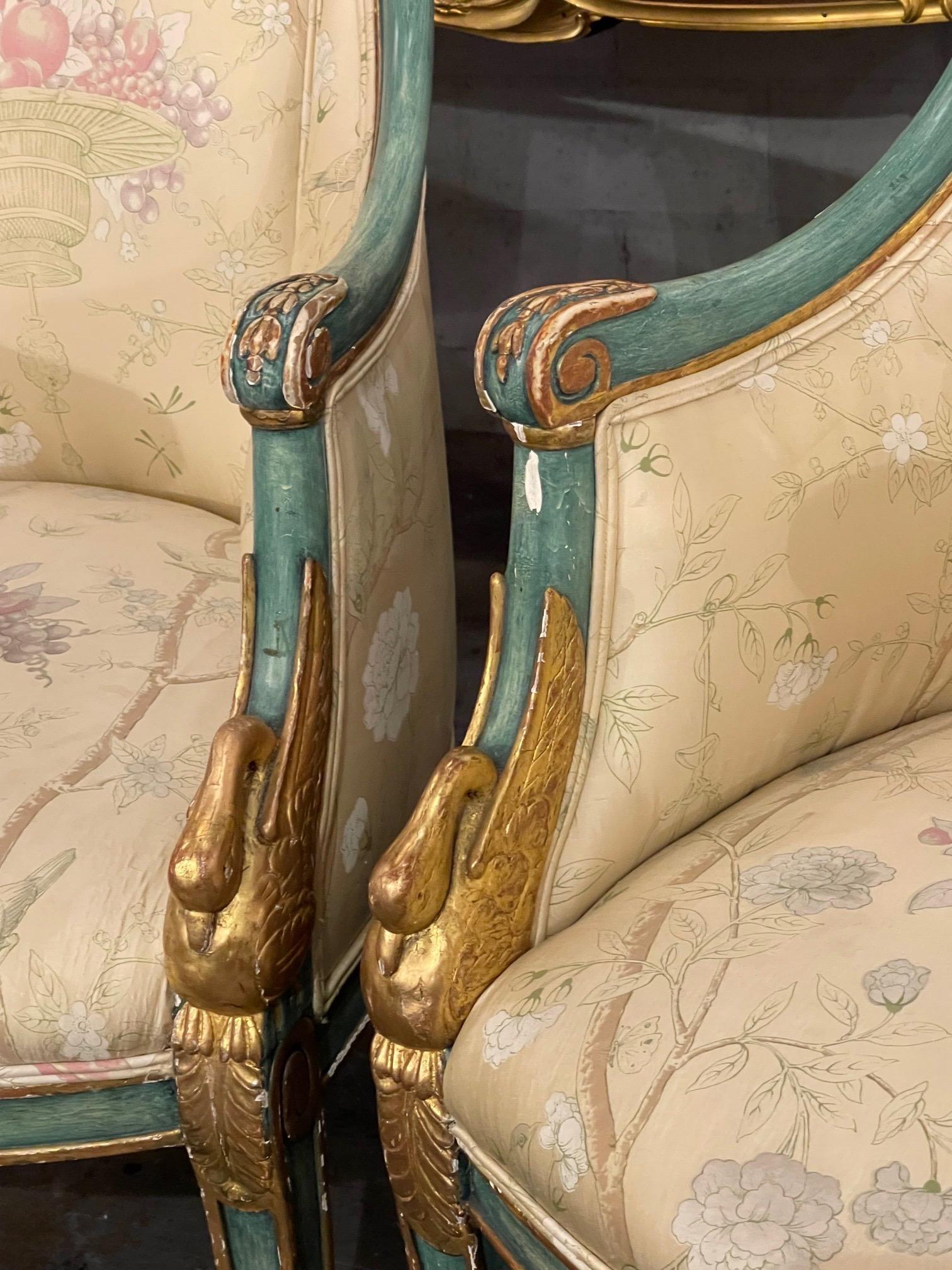 Empire Pair of 19th Century Italian Carved and Parcel Gilt Bergeres