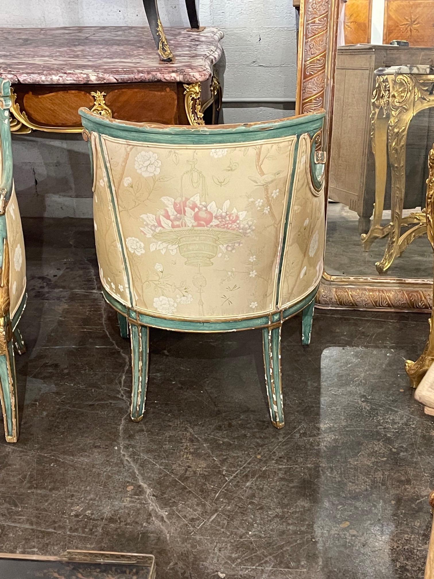 Pair of 19th Century Italian Carved and Parcel Gilt Bergeres 3