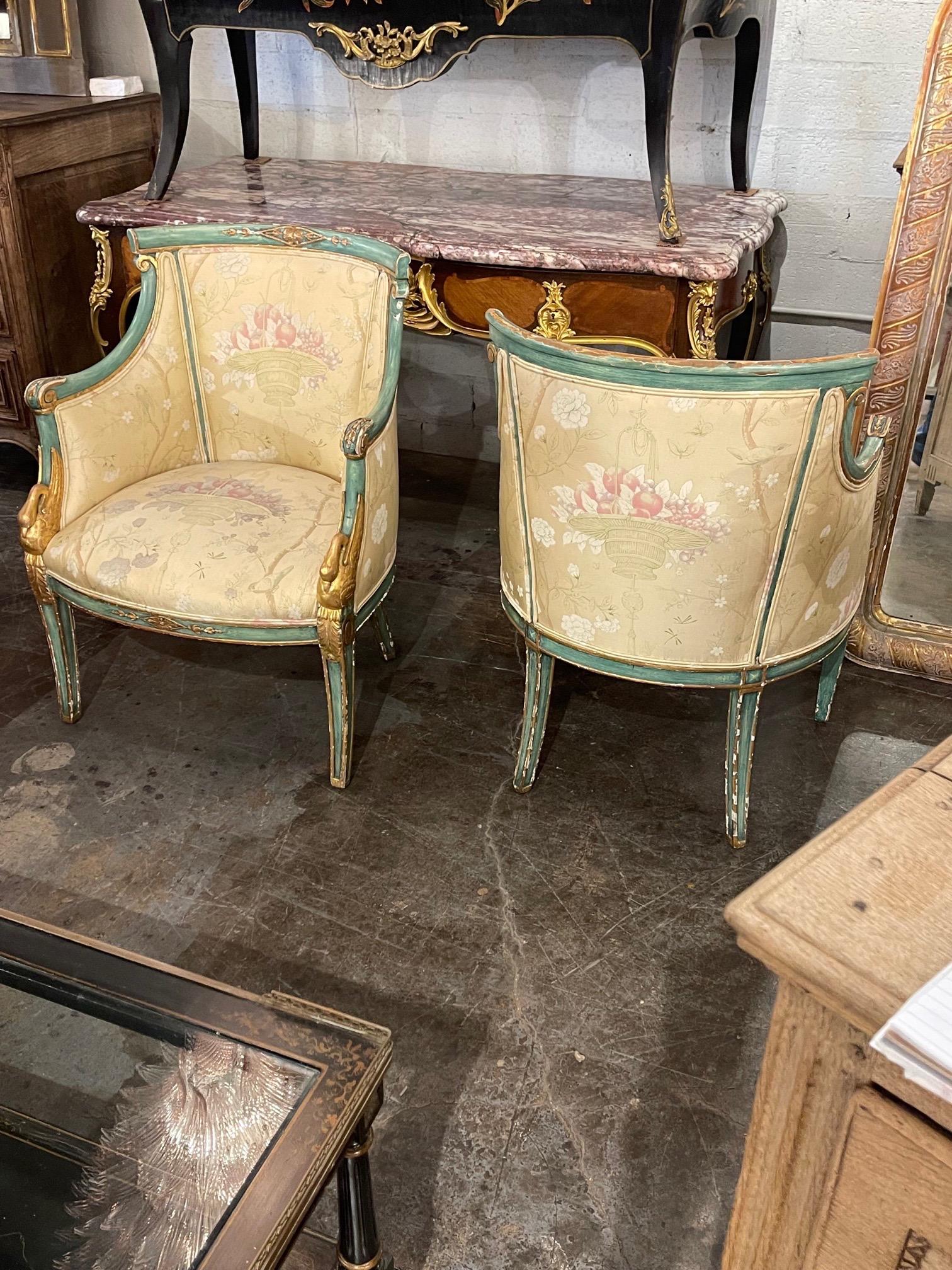 Pair of 19th Century Italian Carved and Parcel Gilt Bergeres 4