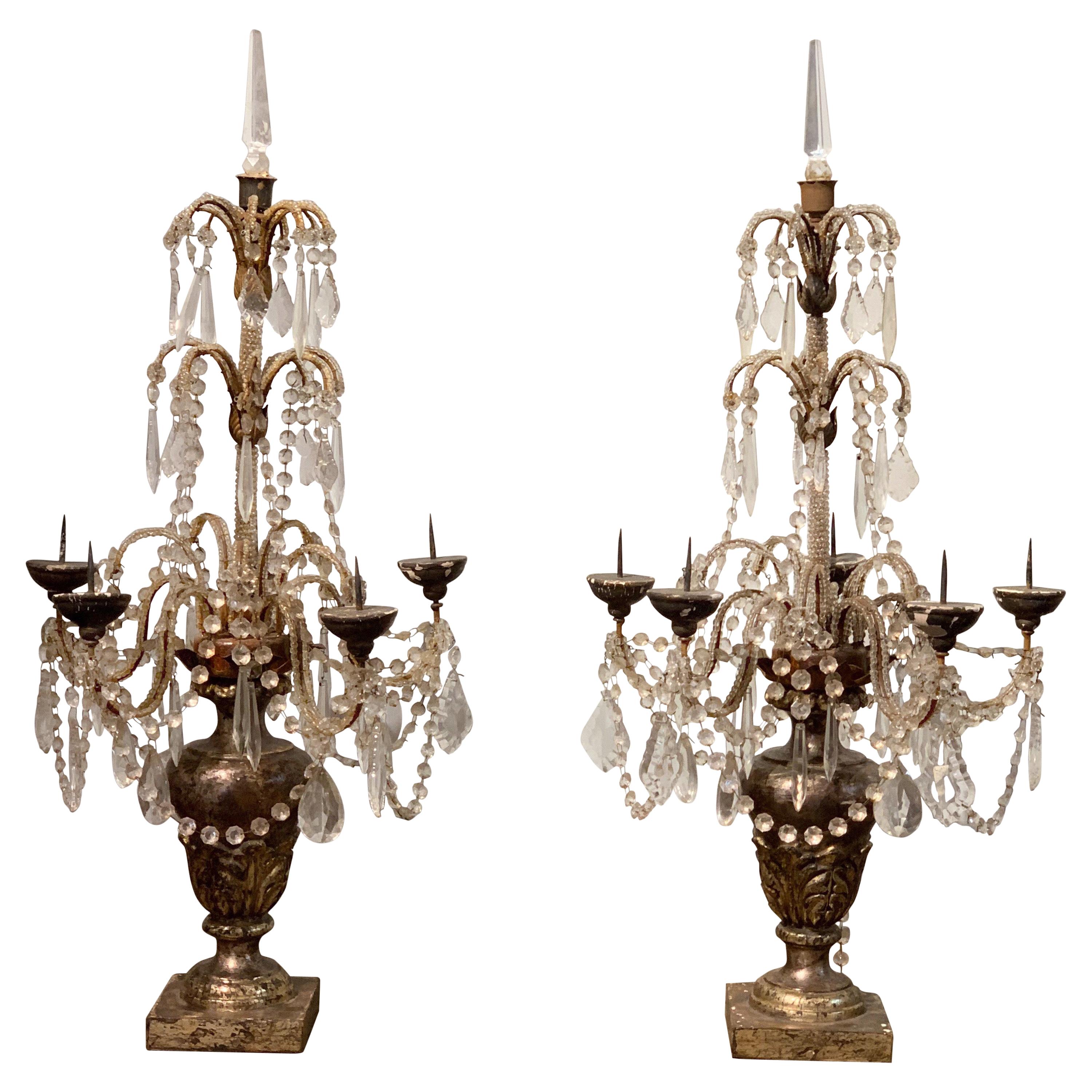 Pair of 19th Century Italian Carved and Silver Gilt Beaded Candelabras For Sale