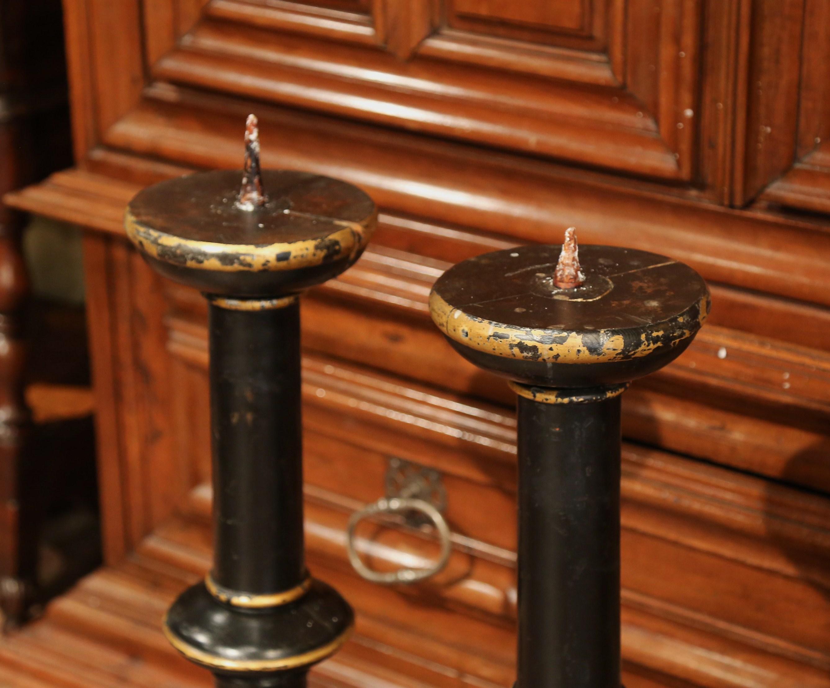 Wood Pair of 19th Century Italian Carved Blackened and Gilt Candlesticks For Sale