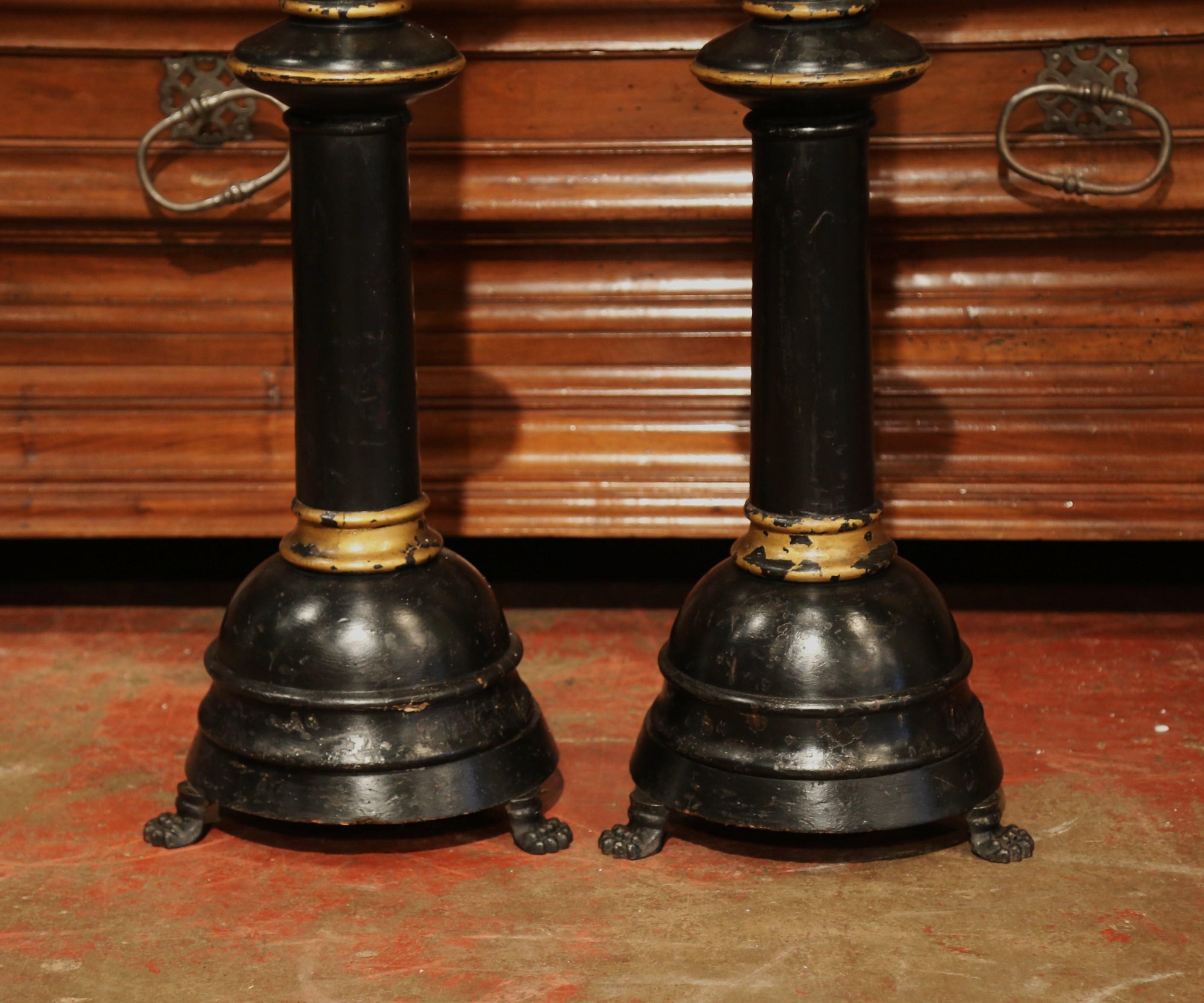 Pair of 19th Century Italian Carved Blackened and Gilt Candlesticks For Sale 3