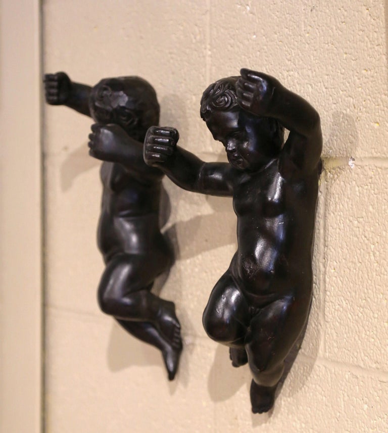 Pair of 19th Century Italian Carved Blackened Wall Hanging Cherub ...