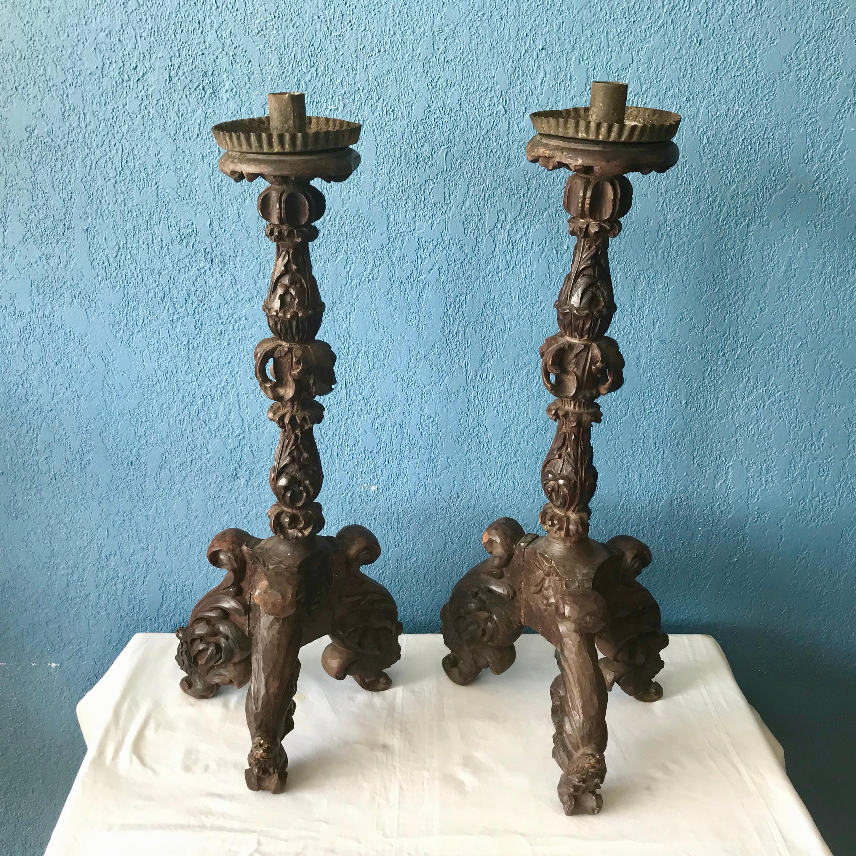Hand-Carved Pair of 19th Century Italian Carved Candlesticks