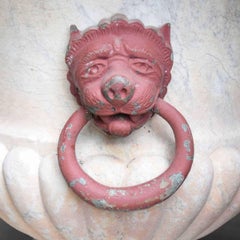 Pair of 19th Century Italian Carved Carrara Marble Urns with Painted Bronze Lion