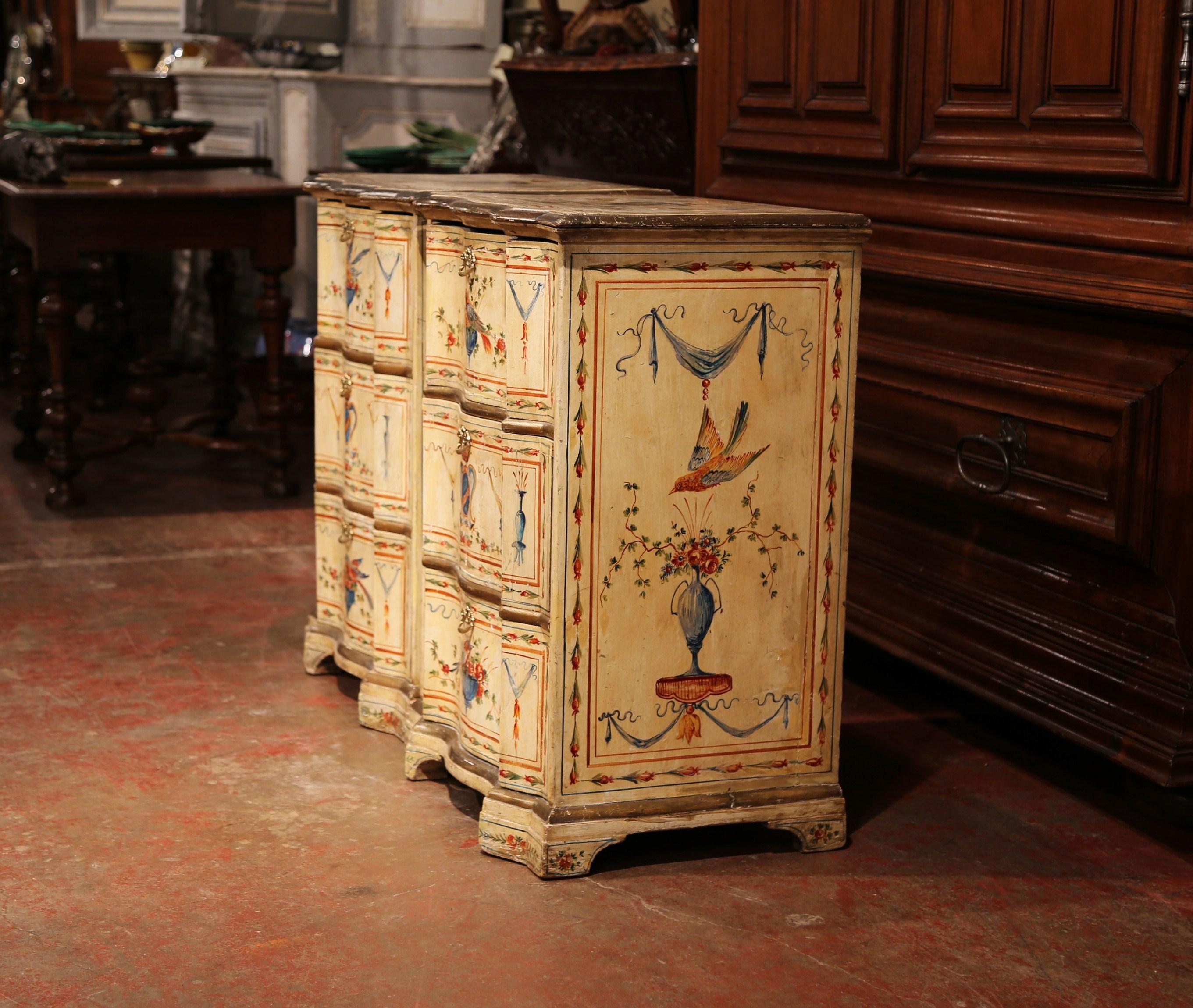Pair of 19th Century Italian Carved Painted Chests of Drawers with Bird Decor 1