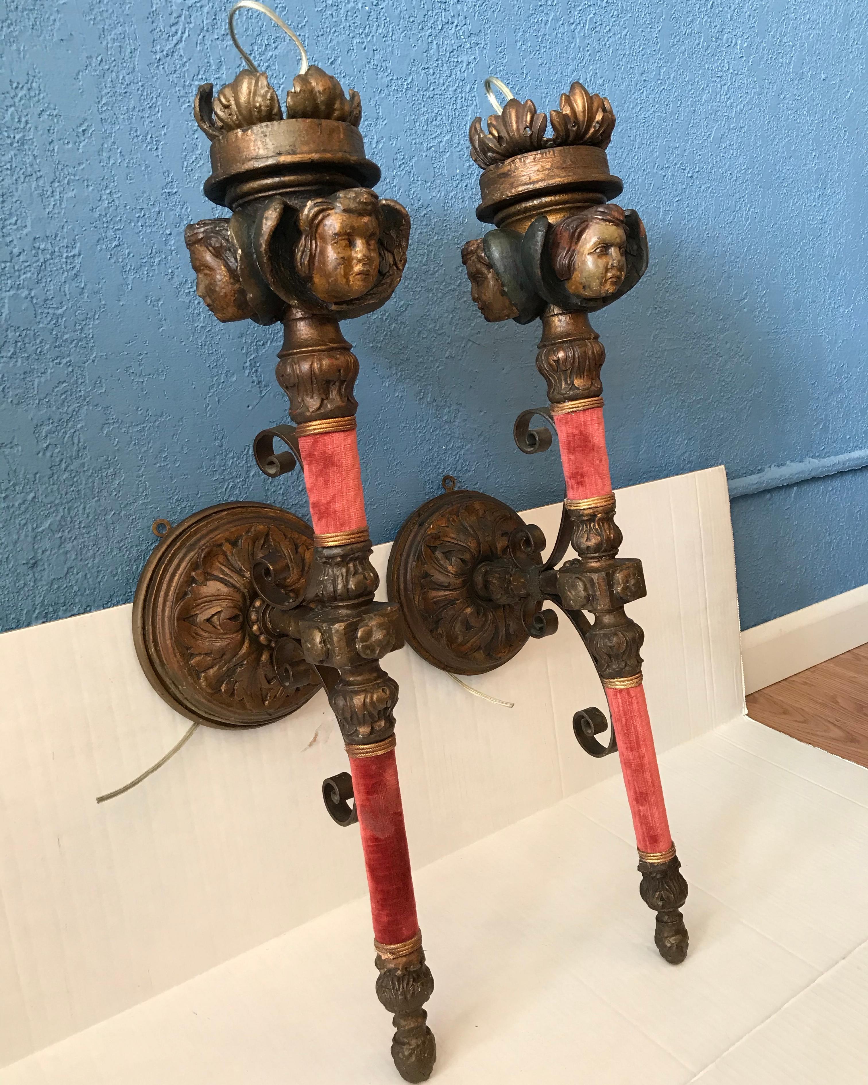 Pair of 19TH Century Italian Carved Figural Sconces In Good Condition In West Palm Beach, FL