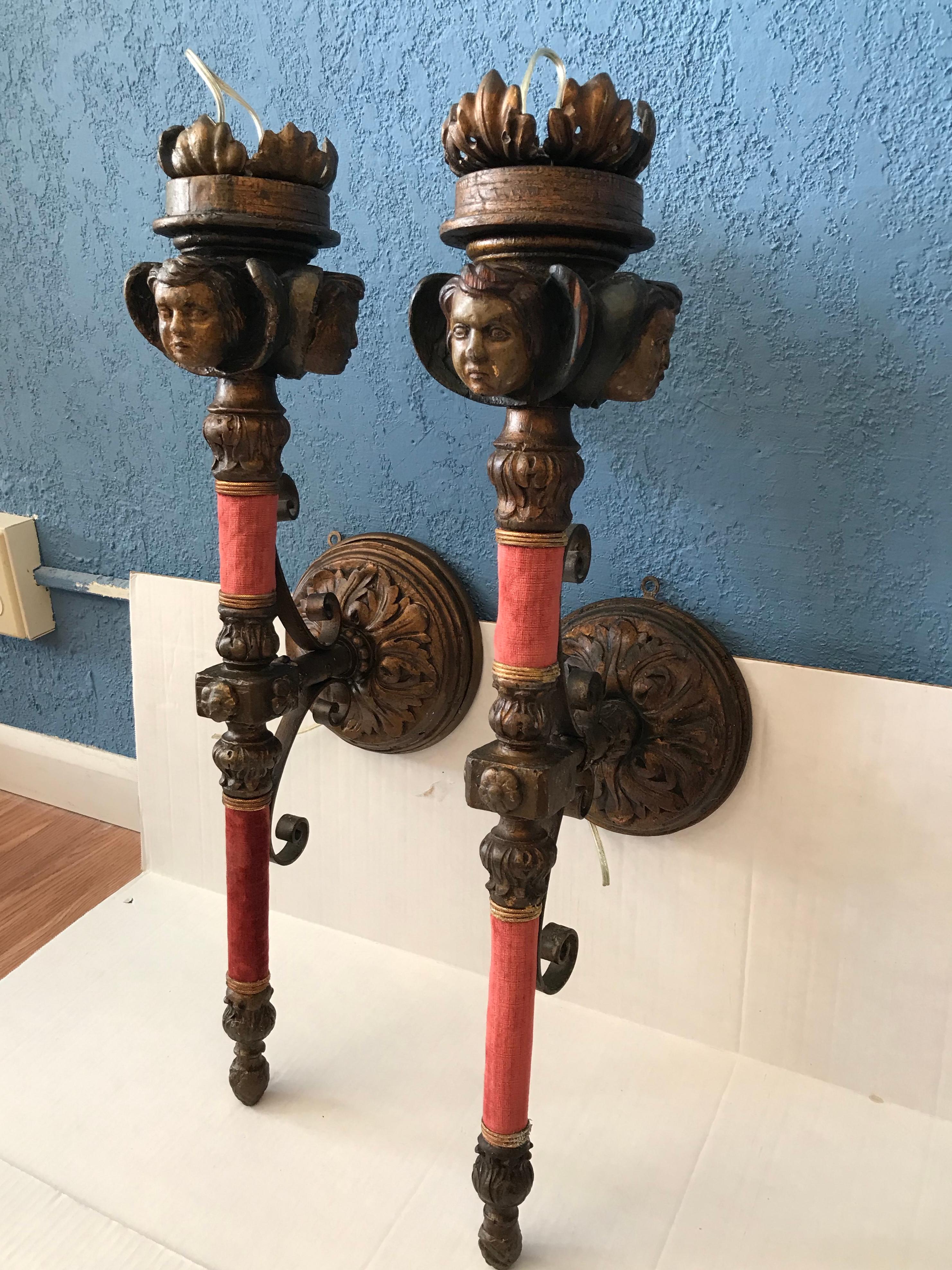 19th Century Pair of 19TH Century Italian Carved Figural Sconces