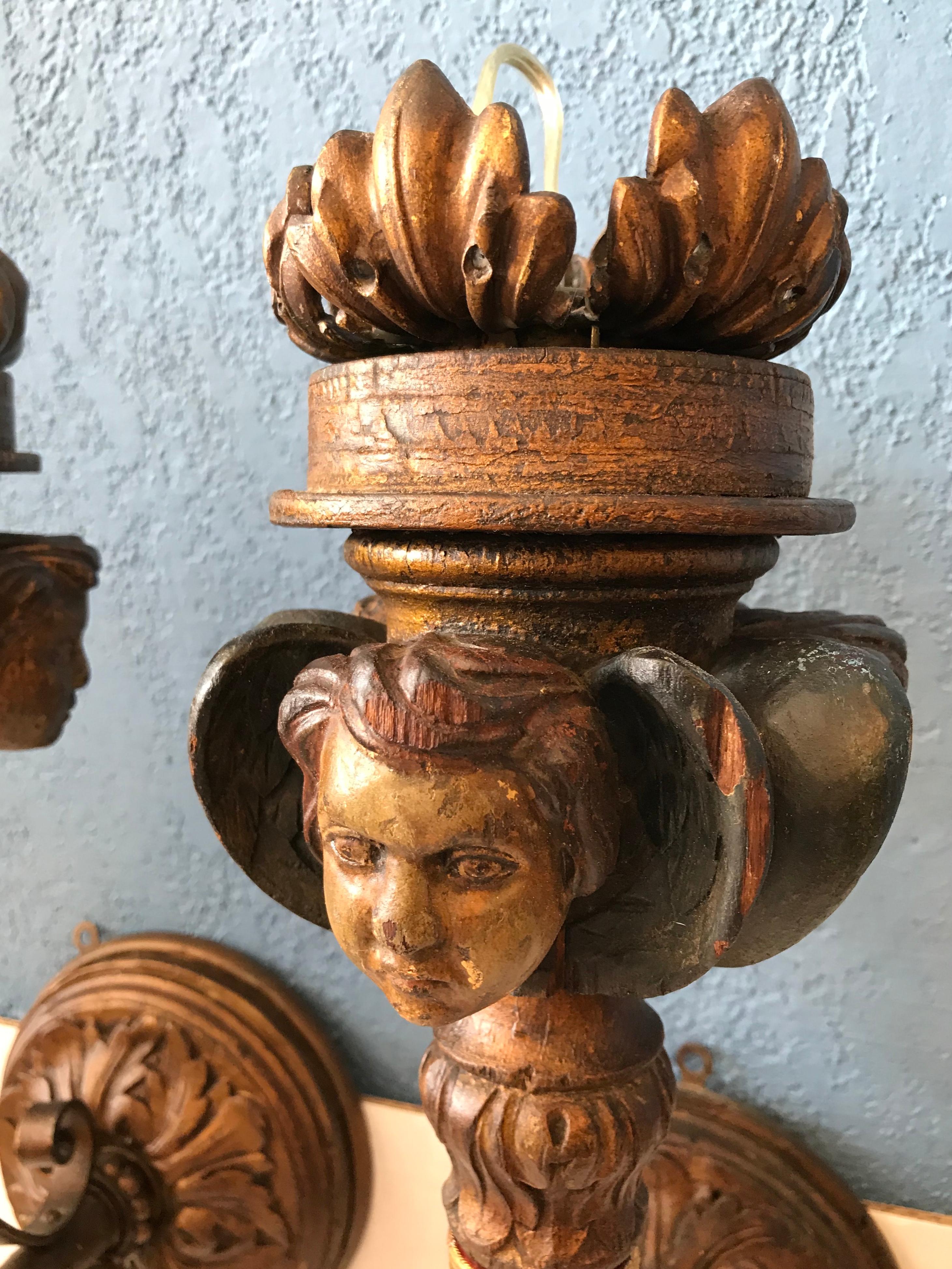 Gesso Pair of 19TH Century Italian Carved Figural Sconces
