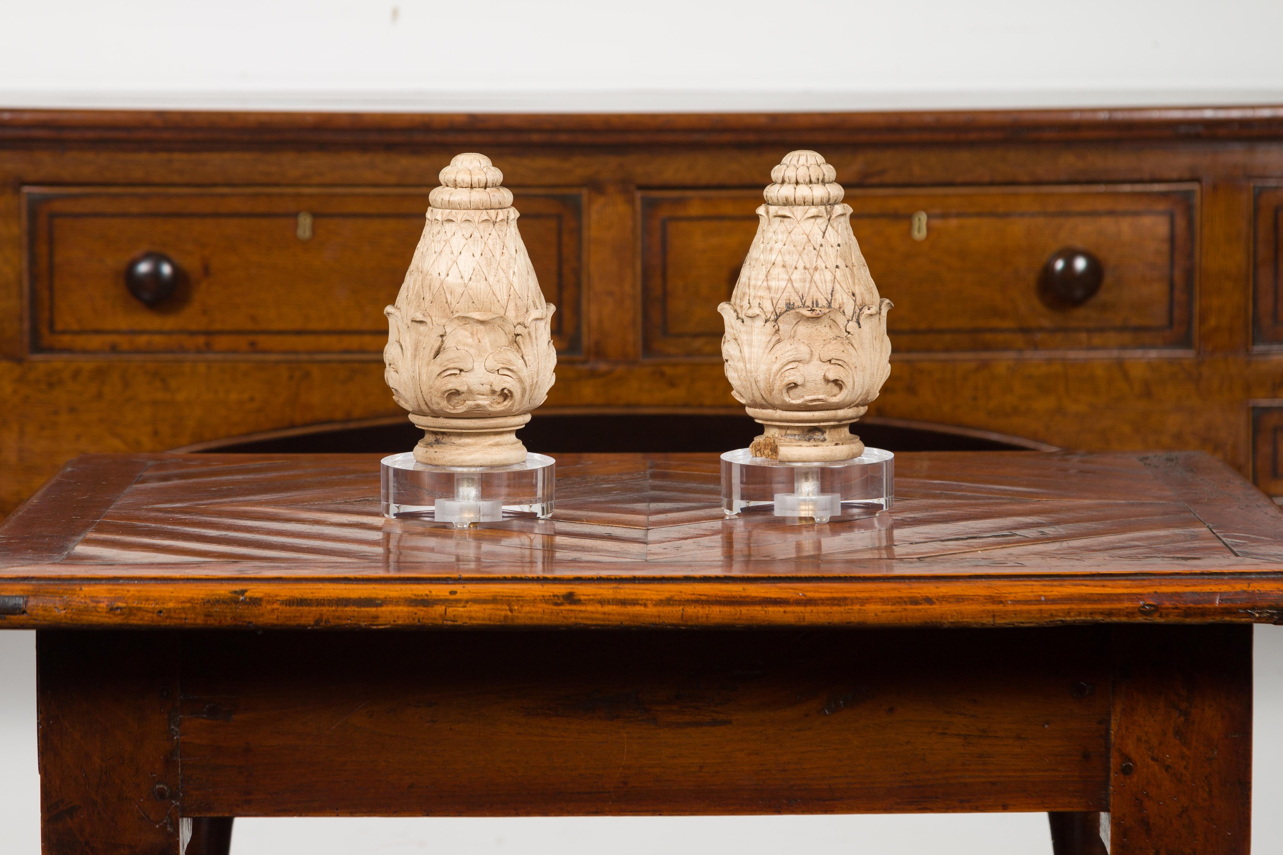 Pair of 19th Century Italian Carved Finial Fragments Mounted on Custom Lucite 5