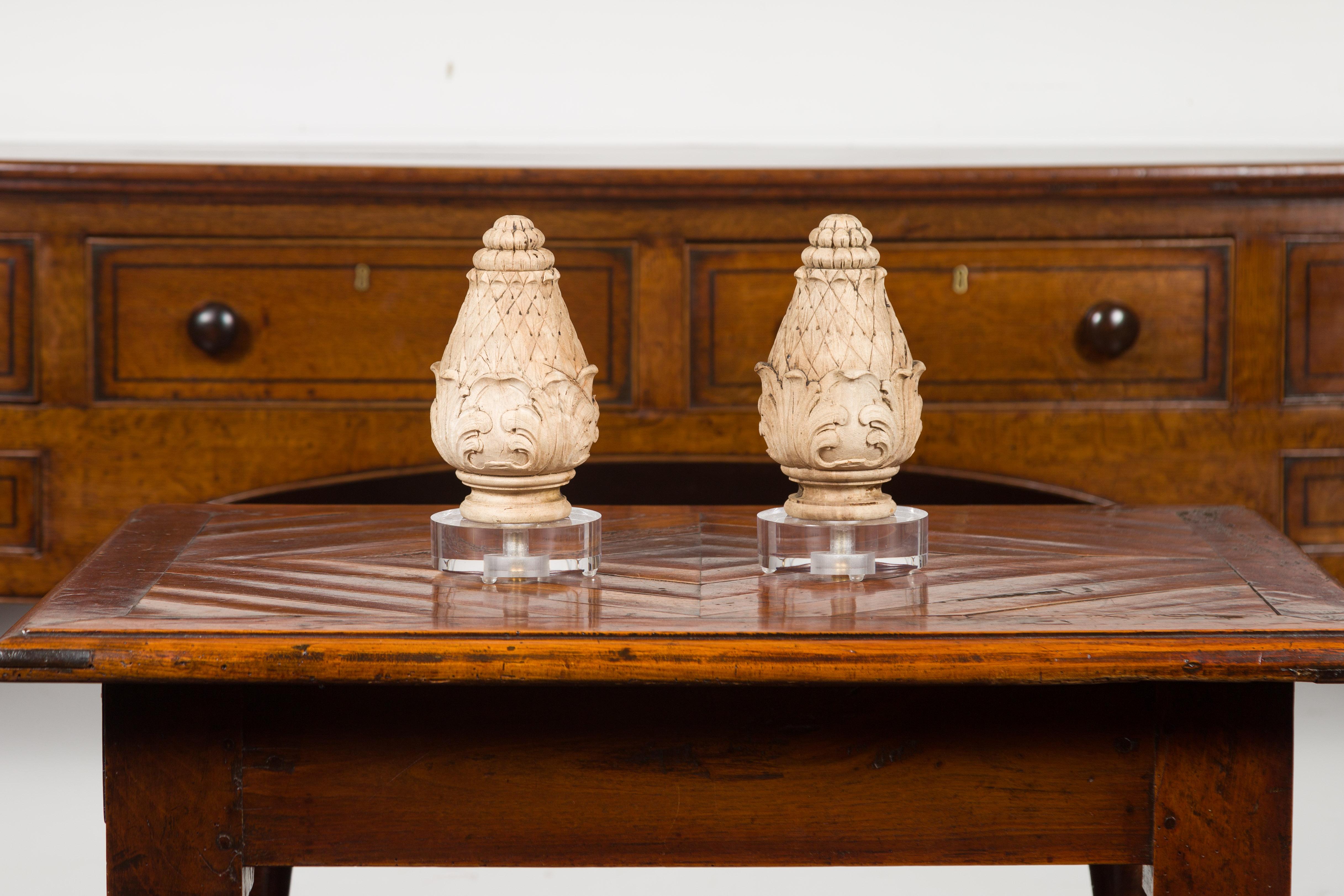 Pair of 19th Century Italian Carved Finial Fragments Mounted on Custom Lucite 6