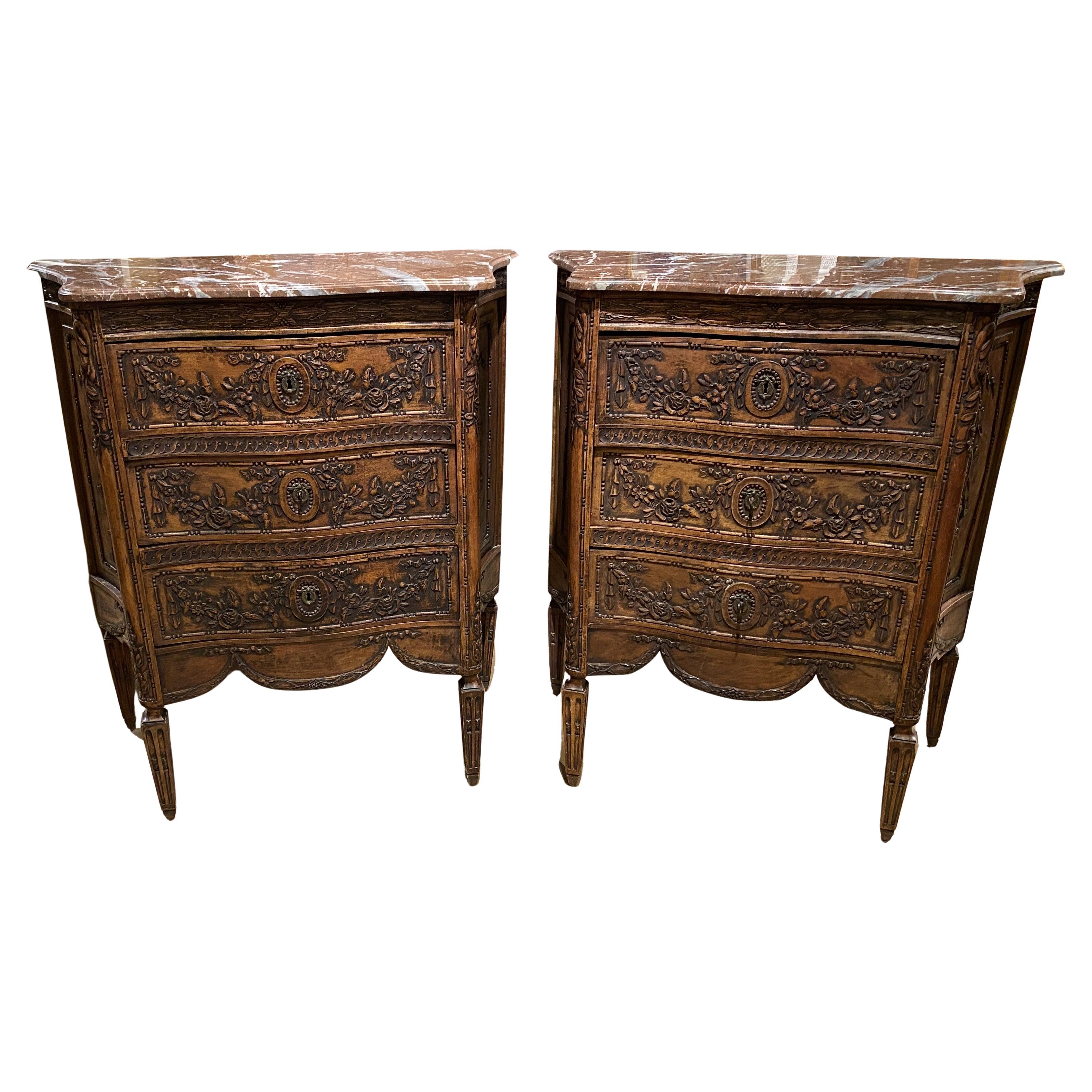 Pair of 19th Century Italian Carved Fruitwood Cabinets with Stone Tops