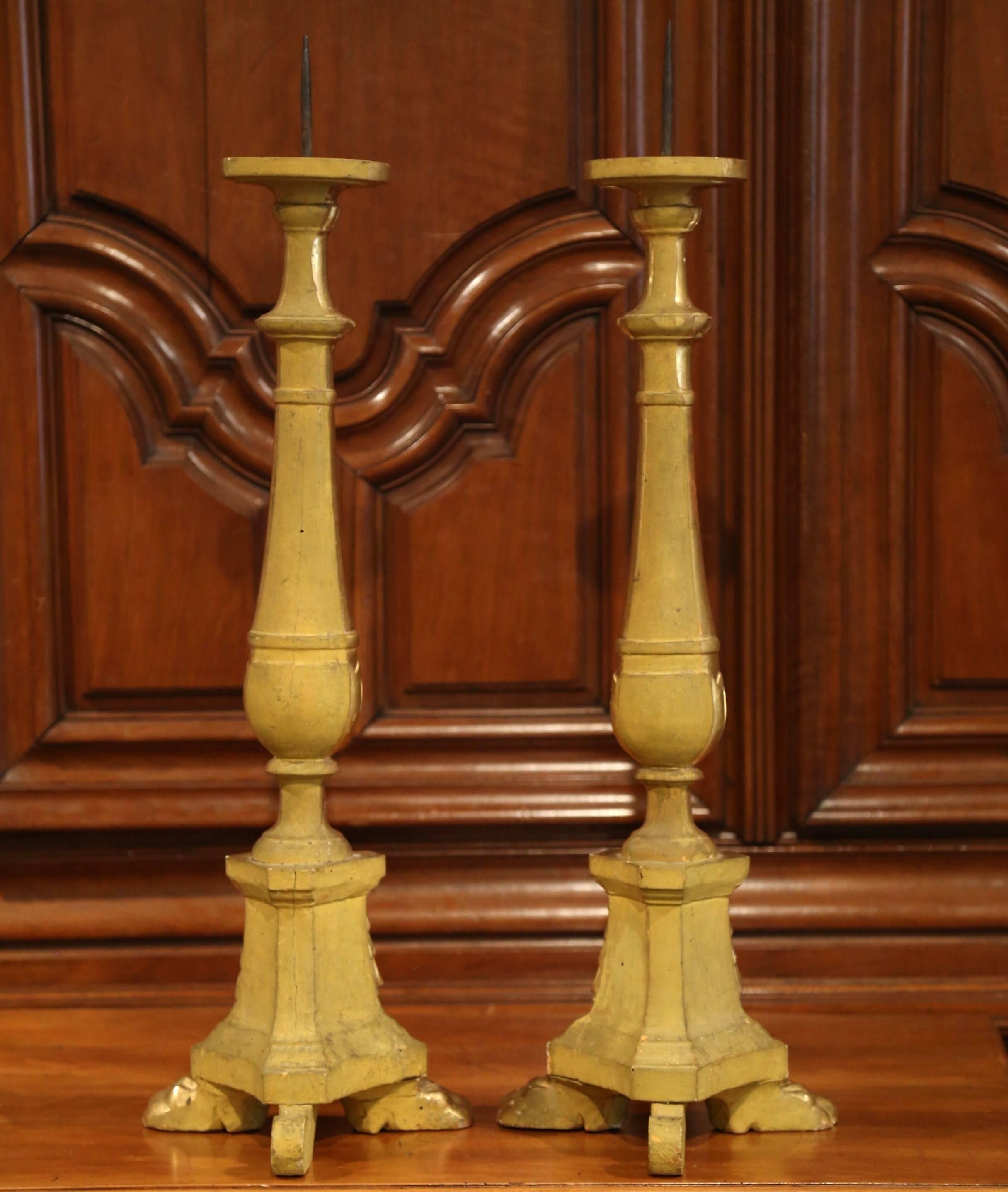 Pair of 19th Century Italian Carved Giltwood Cathedral Candlesticks 2
