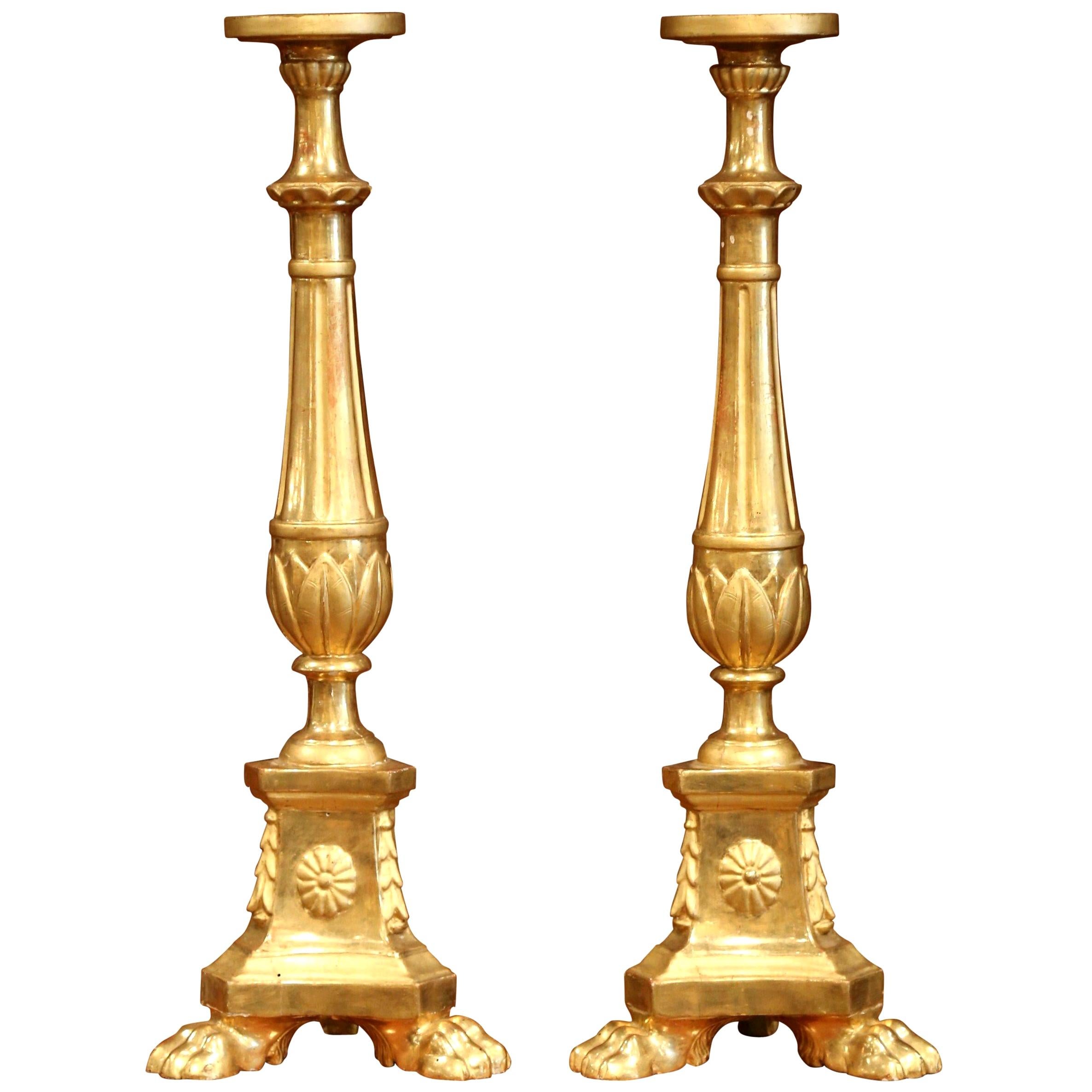 Pair of 19th Century Italian Carved Giltwood Cathedral Candlesticks