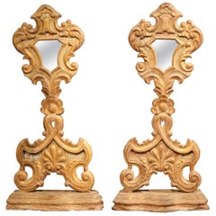 Vintage Pair of 19th Century Italian Carved Giltwood Church Reliquary Mirrors on Stand