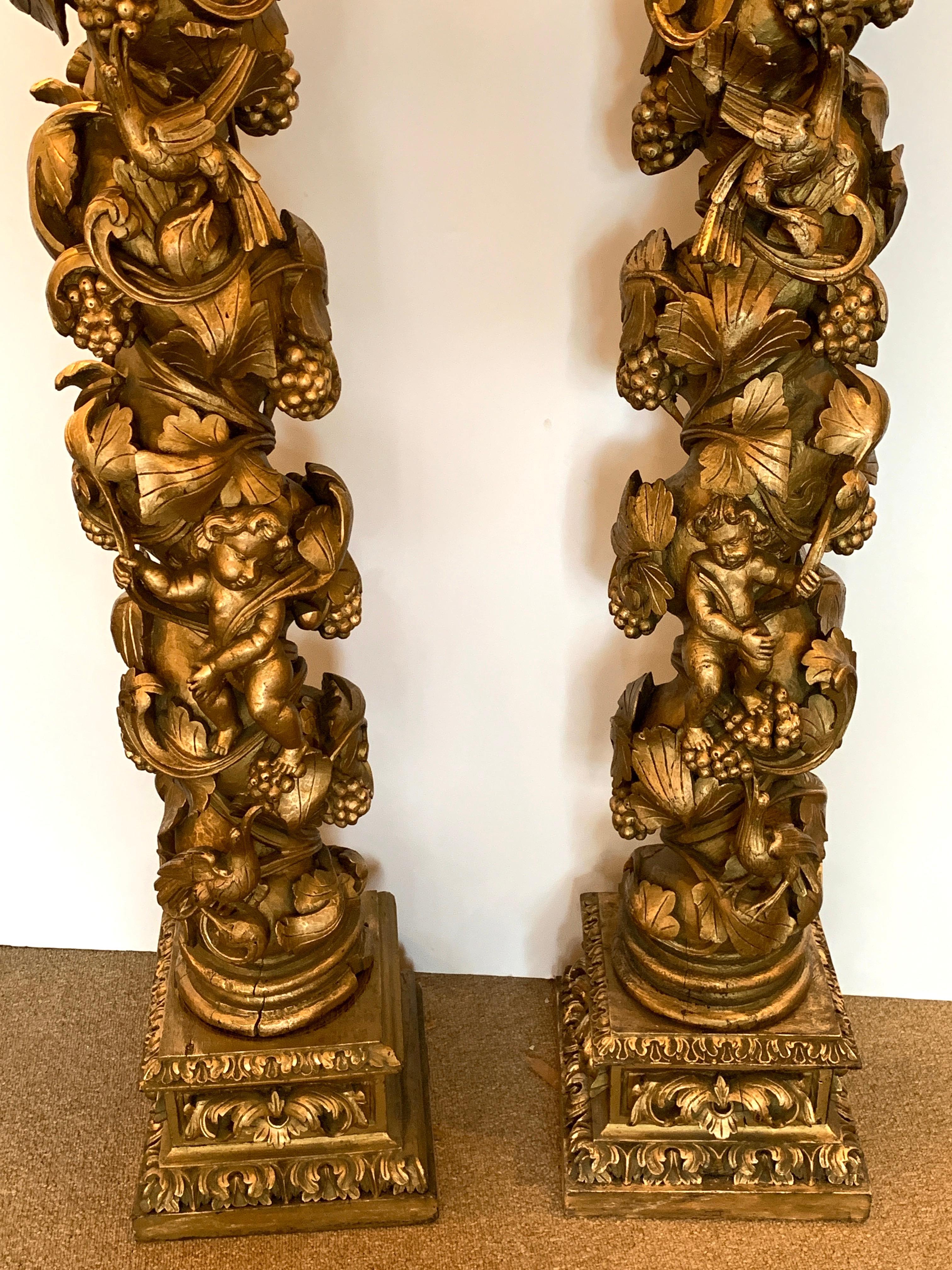 Paire de colonnes vénitiennes en bois doré sculpté du XIXe siècle, chacune en deux parties avec des vignes et des putti continus bien sculptés et détaillés, mesures : dessus carré de 10